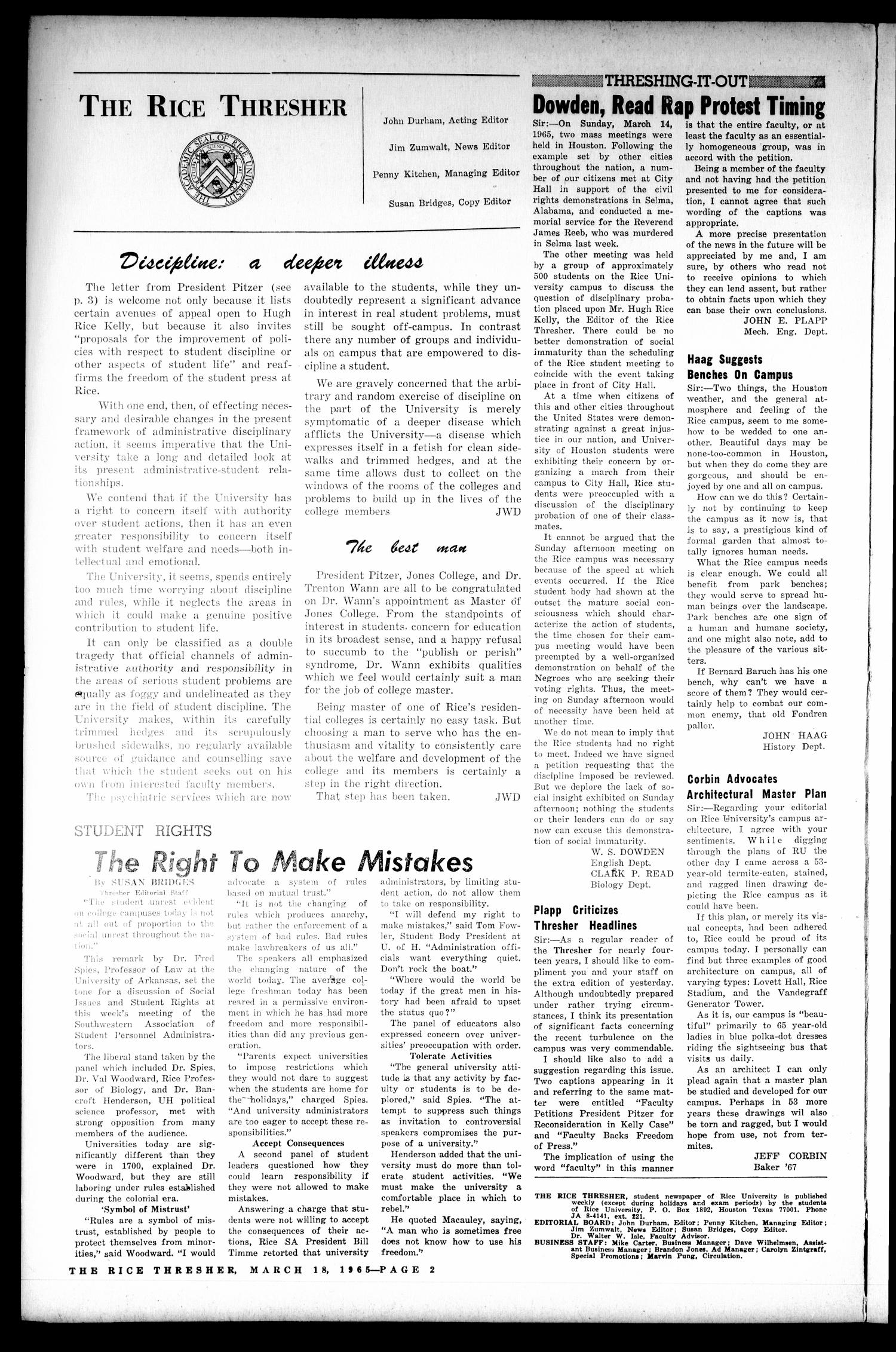 The Rice Thresher (Houston, Tex.), Vol. 52, No. 23, Ed. 1 Thursday, March 18, 1965
                                                
                                                    [Sequence #]: 2 of 8
                                                