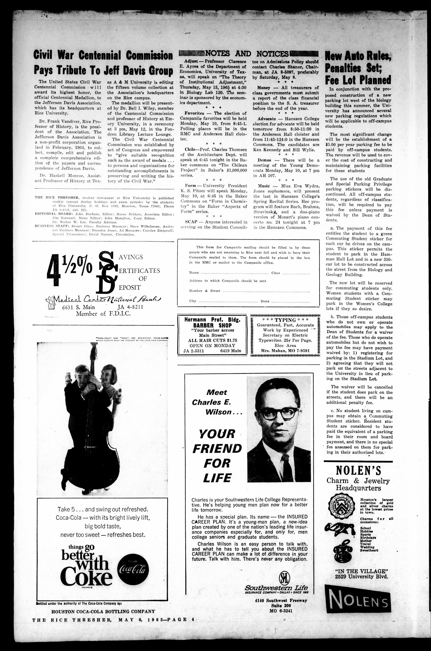 The Rice Thresher (Houston, Tex.), Vol. 52, No. 29, Ed. 1 Thursday, May 6, 1965
                                                
                                                    [Sequence #]: 4 of 16
                                                