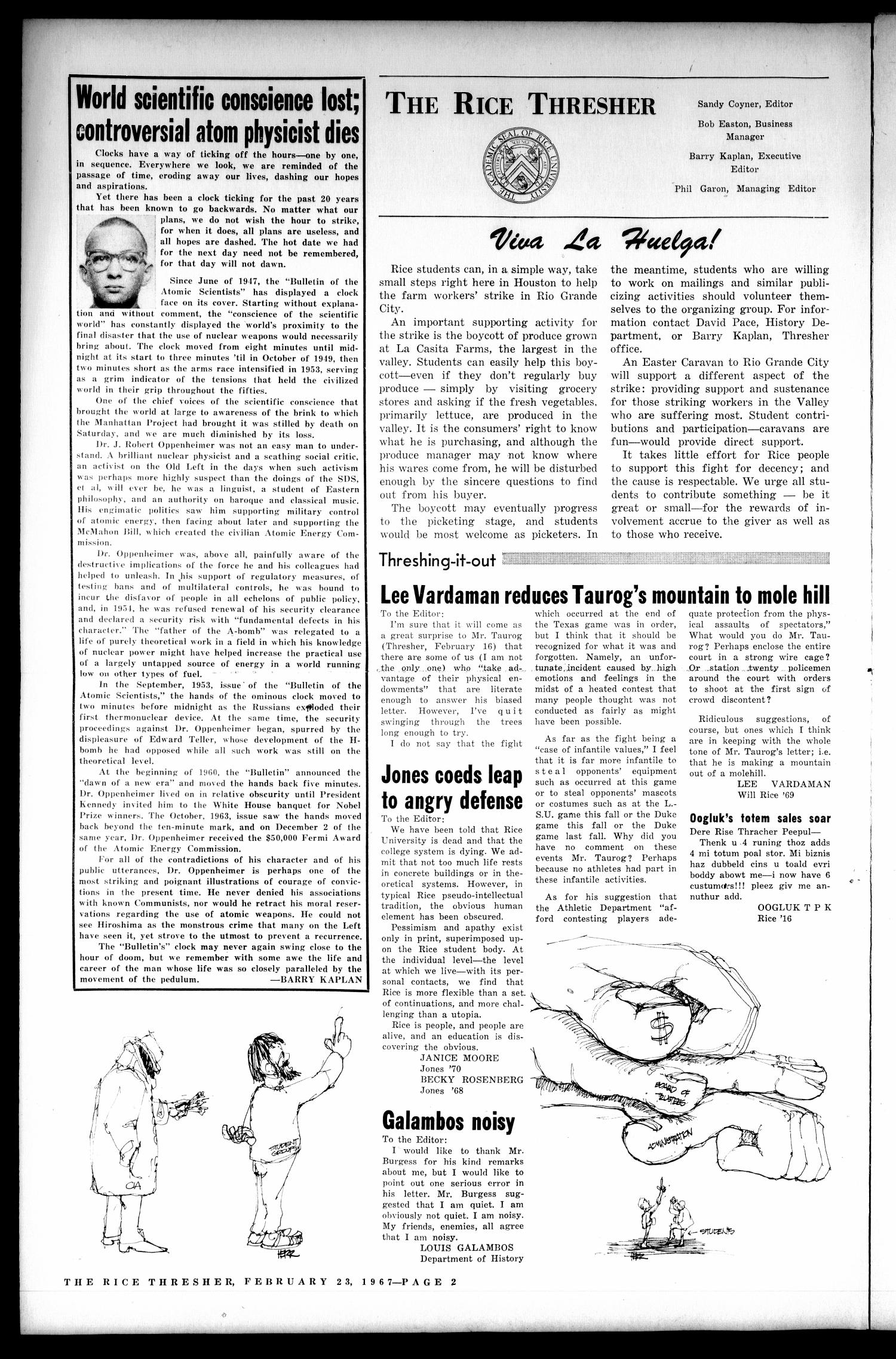 The Rice Thresher (Houston, Tex.), Vol. 54, No. 18, Ed. 1 Thursday, February 23, 1967
                                                
                                                    [Sequence #]: 2 of 12
                                                
