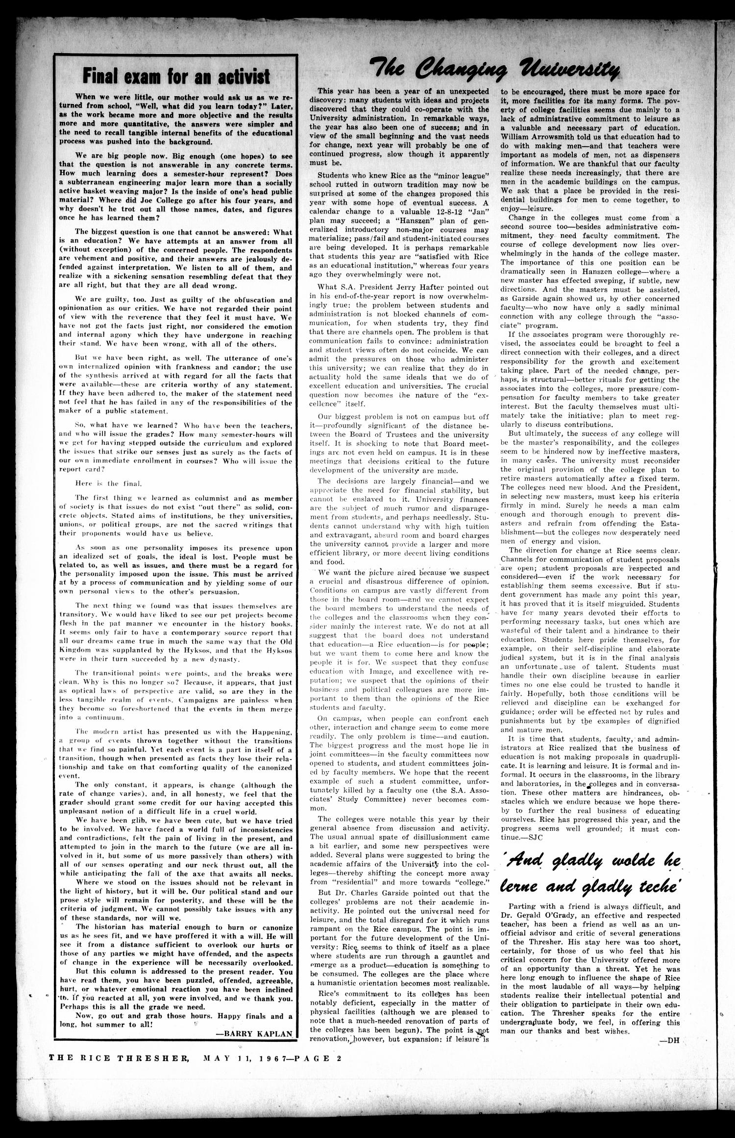 The Rice Thresher (Houston, Tex.), Vol. 54, No. 28, Ed. 1 Thursday, May 11, 1967
                                                
                                                    [Sequence #]: 2 of 8
                                                