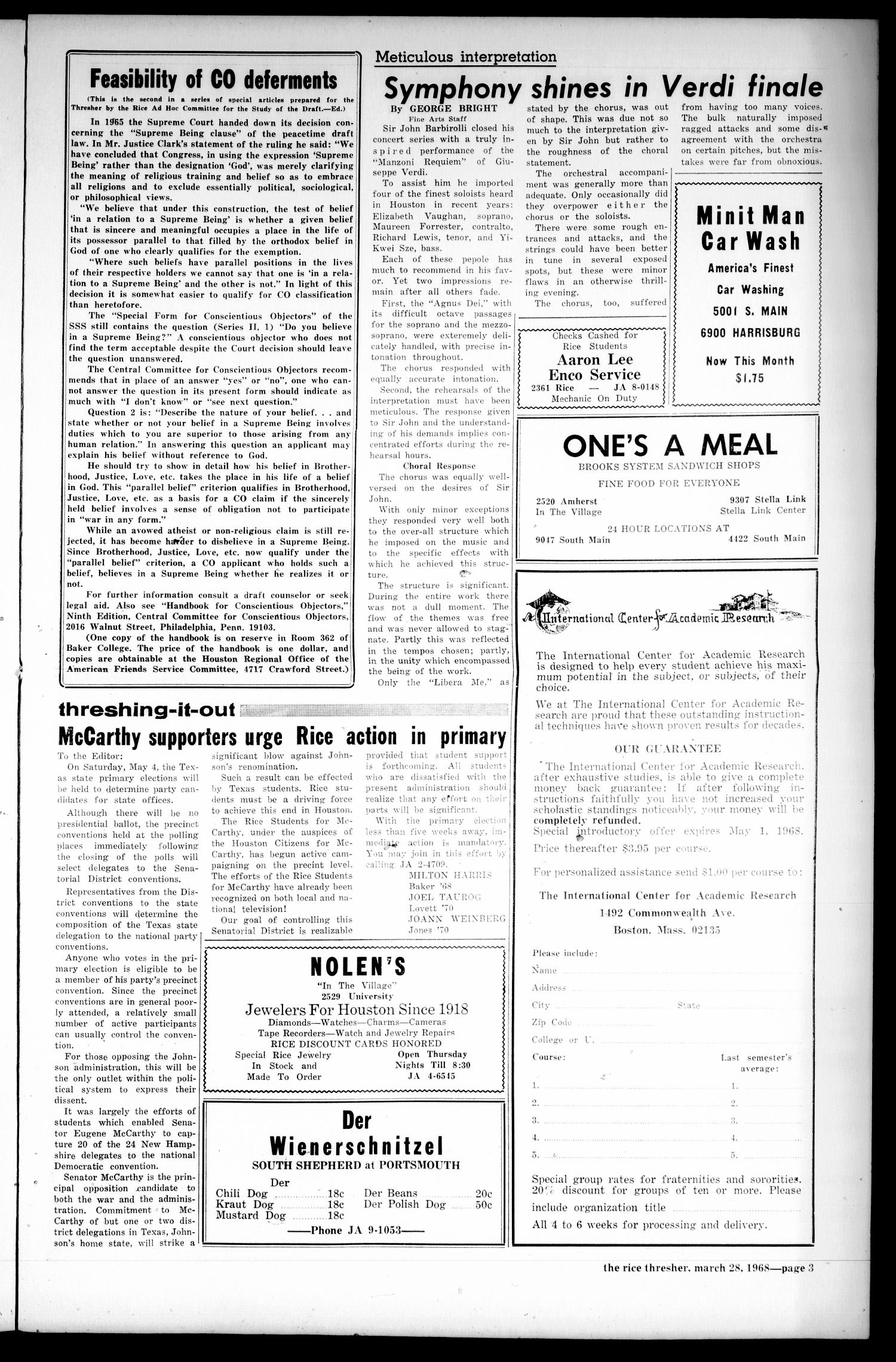 The Rice Thresher (Houston, Tex.), Vol. 55, No. 23, Ed. 1 Thursday, March 28, 1968
                                                
                                                    [Sequence #]: 3 of 8
                                                