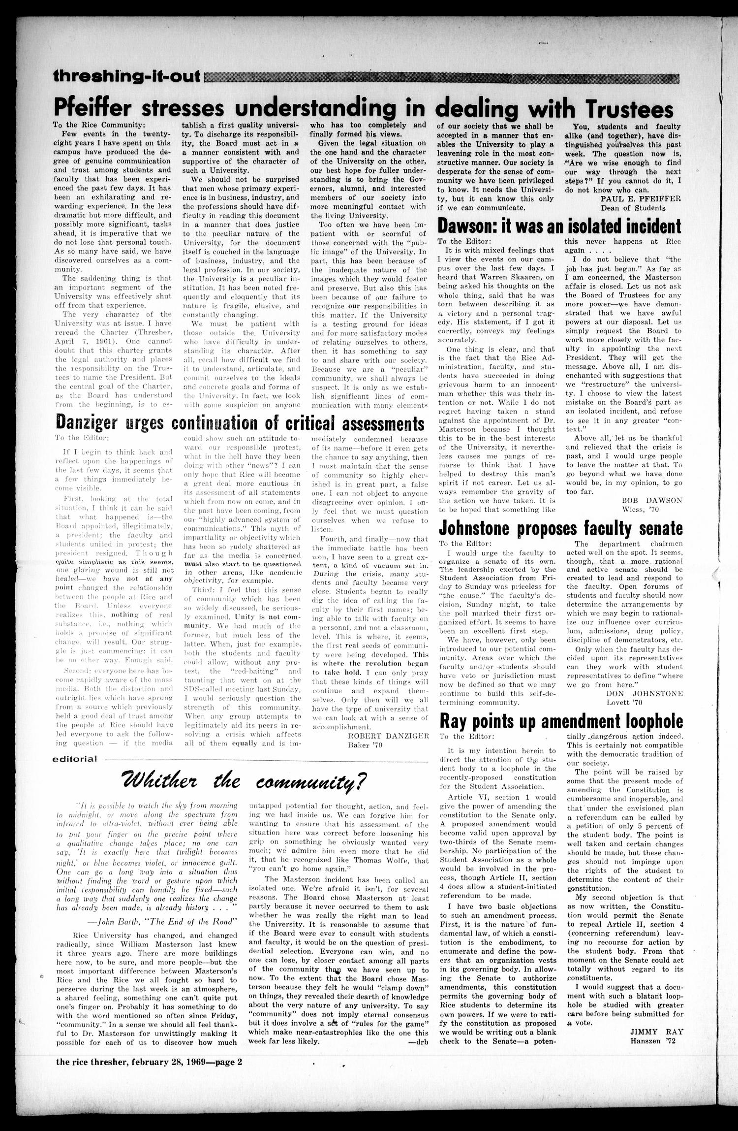 The Rice Thresher (Houston, Tex.), Vol. 56, No. 22, Ed. 1 Friday, February 28, 1969
                                                
                                                    [Sequence #]: 2 of 8
                                                