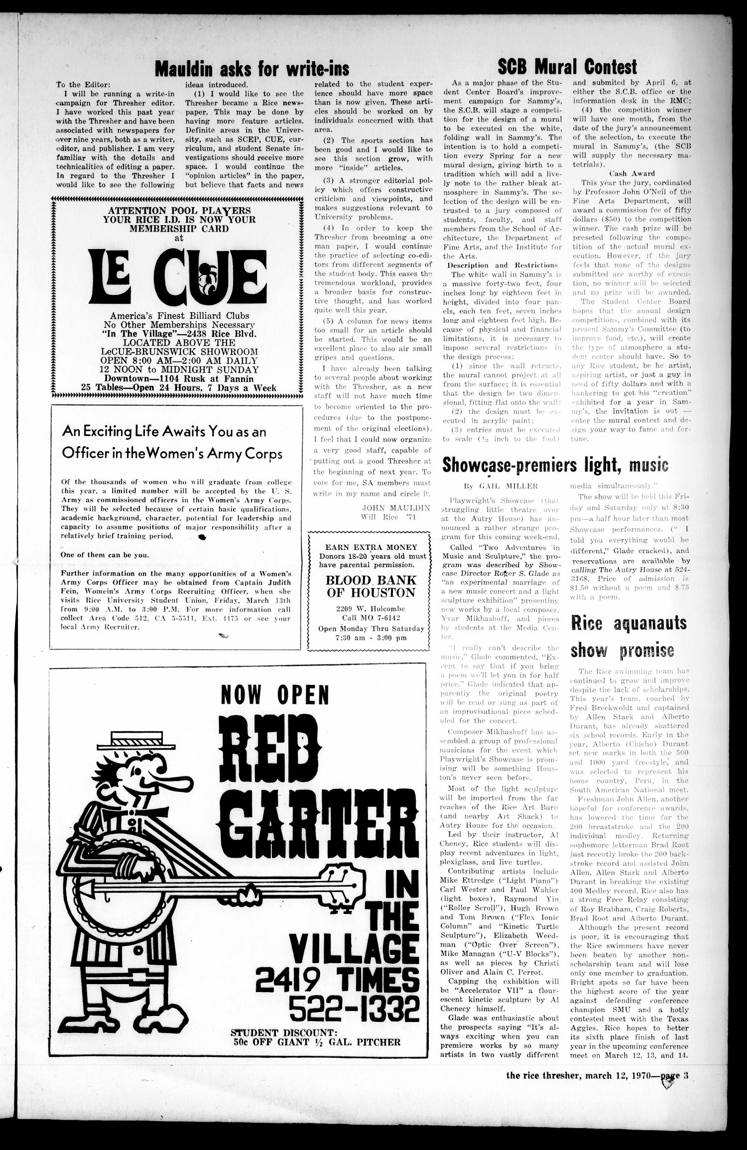 The Rice Thresher (Houston, Tex.), Vol. 57, No. 22, Ed. 1 Thursday, March 12, 1970
                                                
                                                    [Sequence #]: 3 of 8
                                                