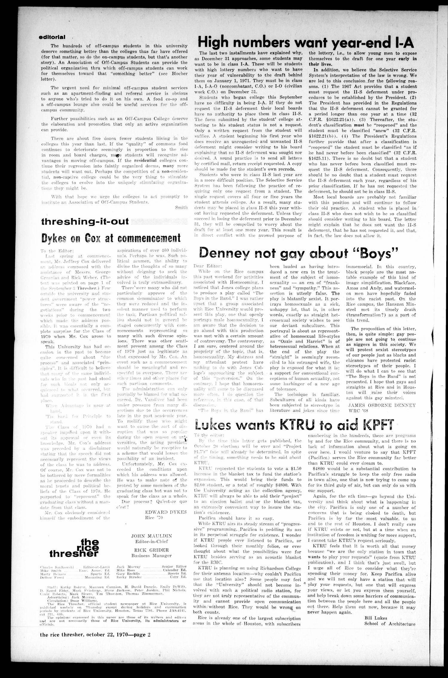 The Rice Thresher (Houston, Tex.), Vol. 58, No. 7, Ed. 1 Thursday, October 22, 1970
                                                
                                                    [Sequence #]: 2 of 6
                                                