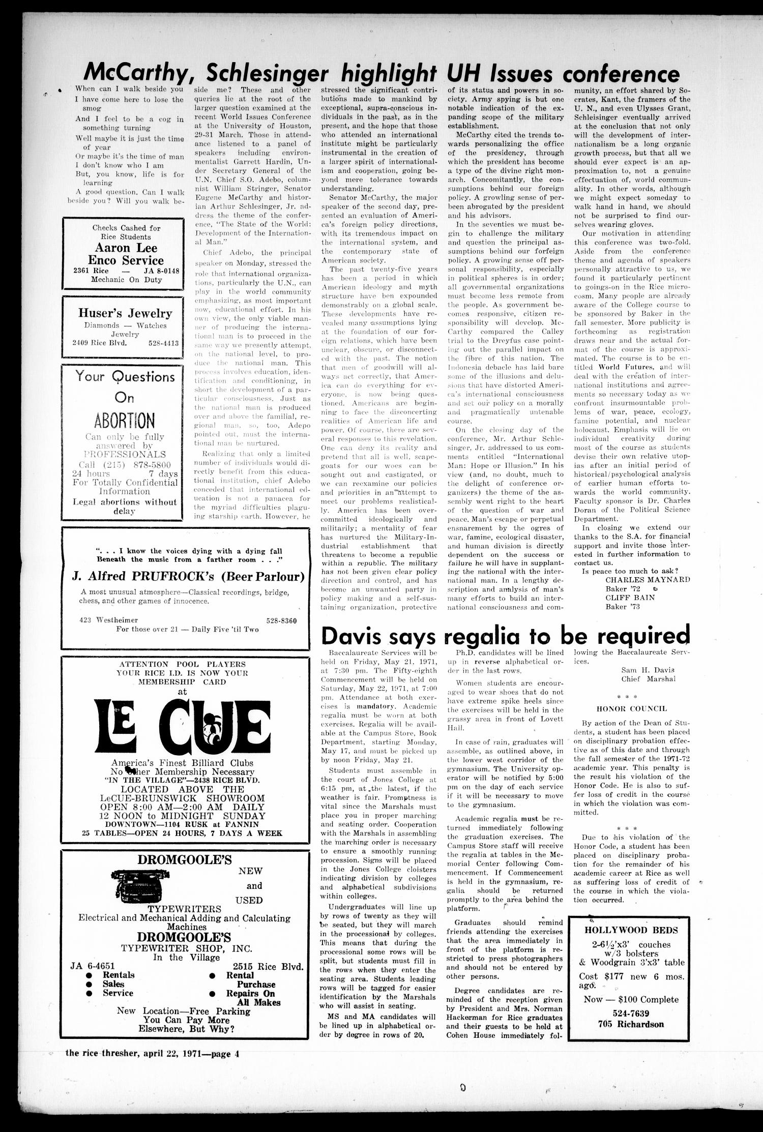 The Rice Thresher (Houston, Tex.), Vol. 58, No. 25, Ed. 1 Thursday, April 22, 1971
                                                
                                                    [Sequence #]: 4 of 8
                                                