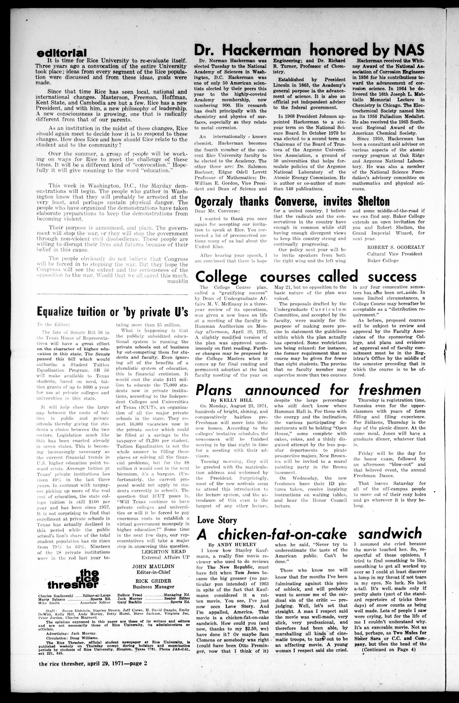 The Rice Thresher (Houston, Tex.), Vol. 58, No. 26, Ed. 1 Thursday, April 29, 1971
                                                
                                                    [Sequence #]: 2 of 6
                                                