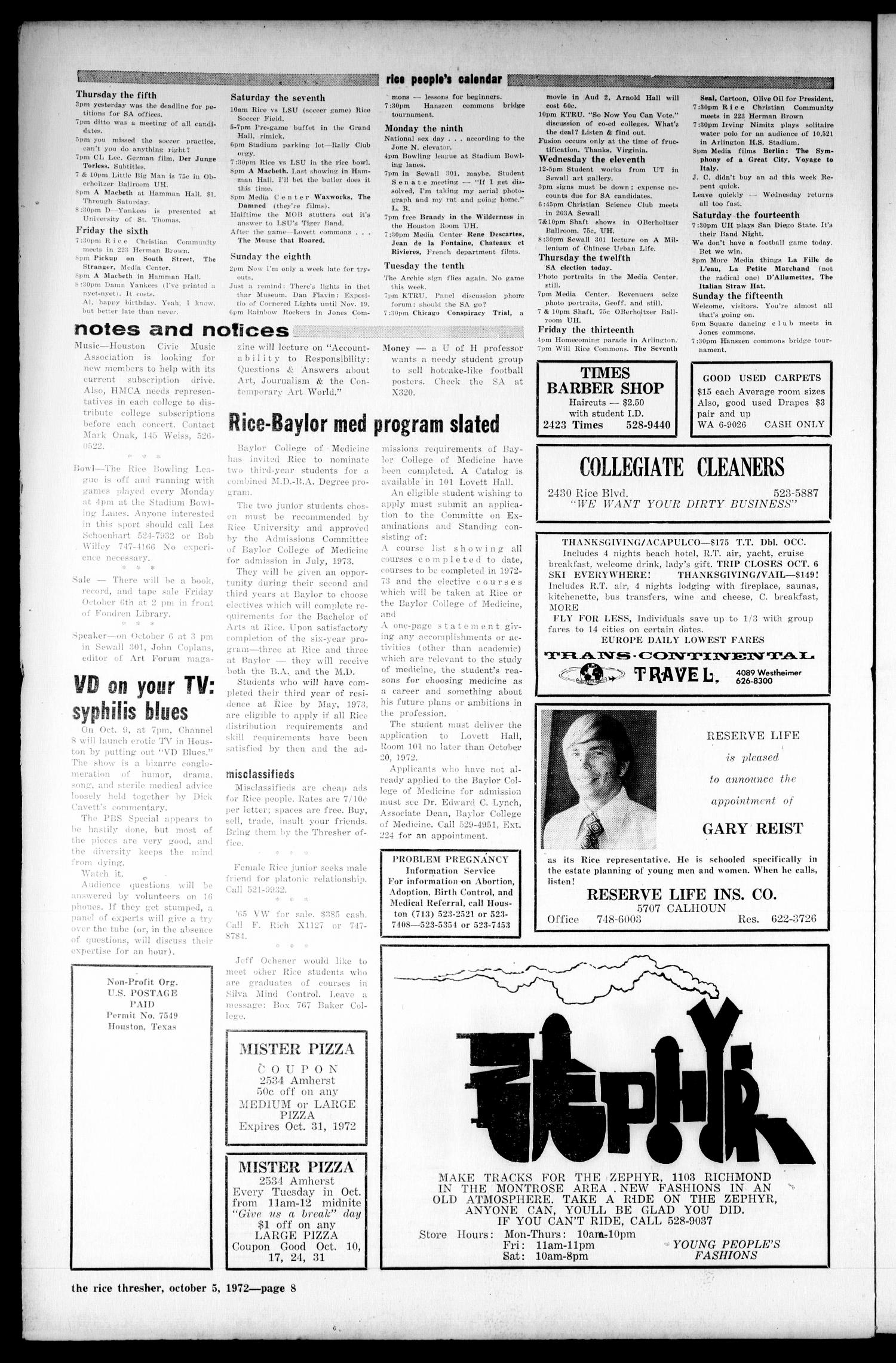 The Rice Thresher (Houston, Tex.), Vol. 60, No. 7, Ed. 1 Thursday, October 5, 1972
                                                
                                                    [Sequence #]: 8 of 8
                                                