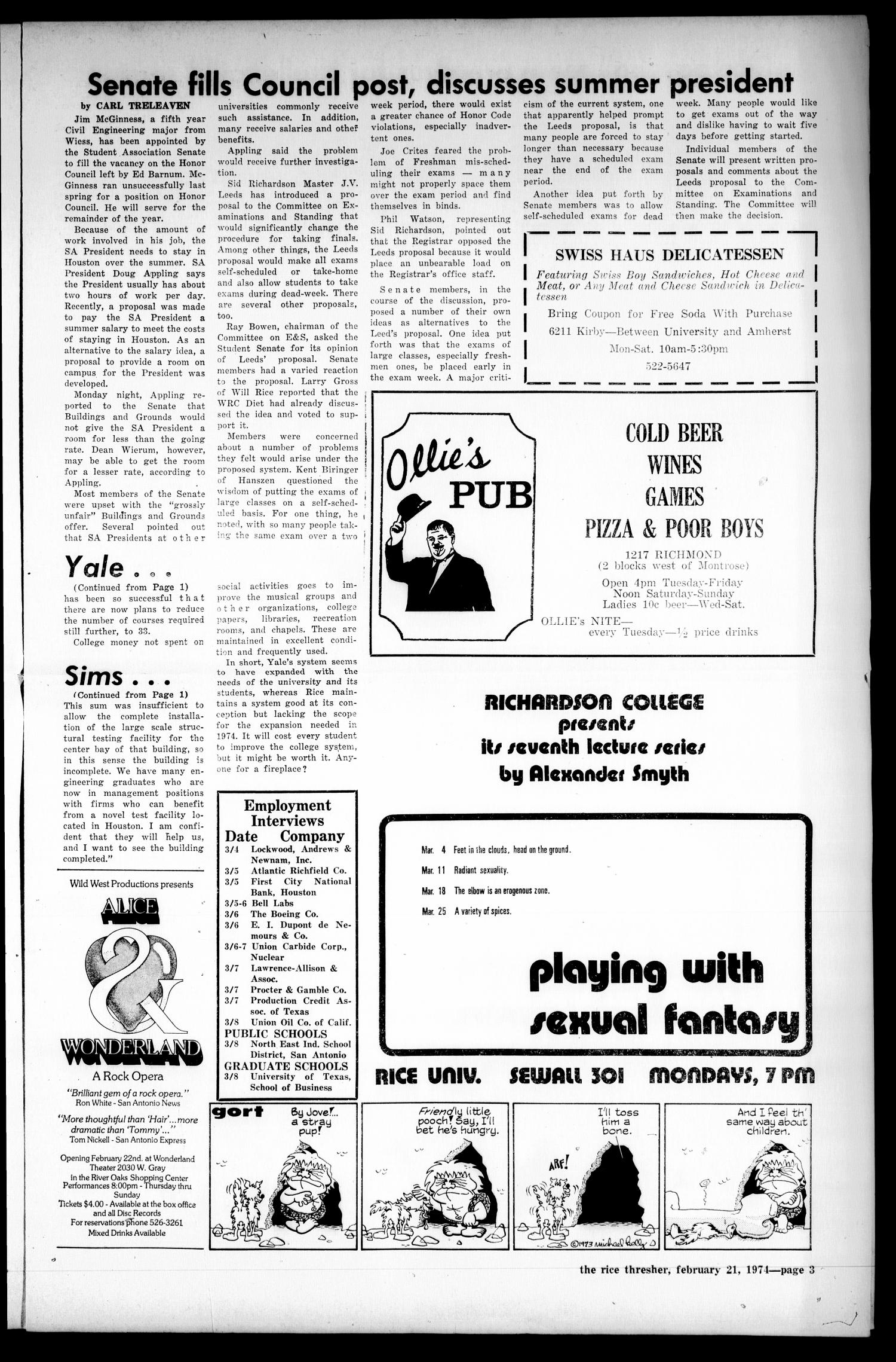 The Rice Thresher (Houston, Tex.), Vol. 61, No. 22, Ed. 1 Thursday, February 21, 1974
                                                
                                                    [Sequence #]: 3 of 8
                                                