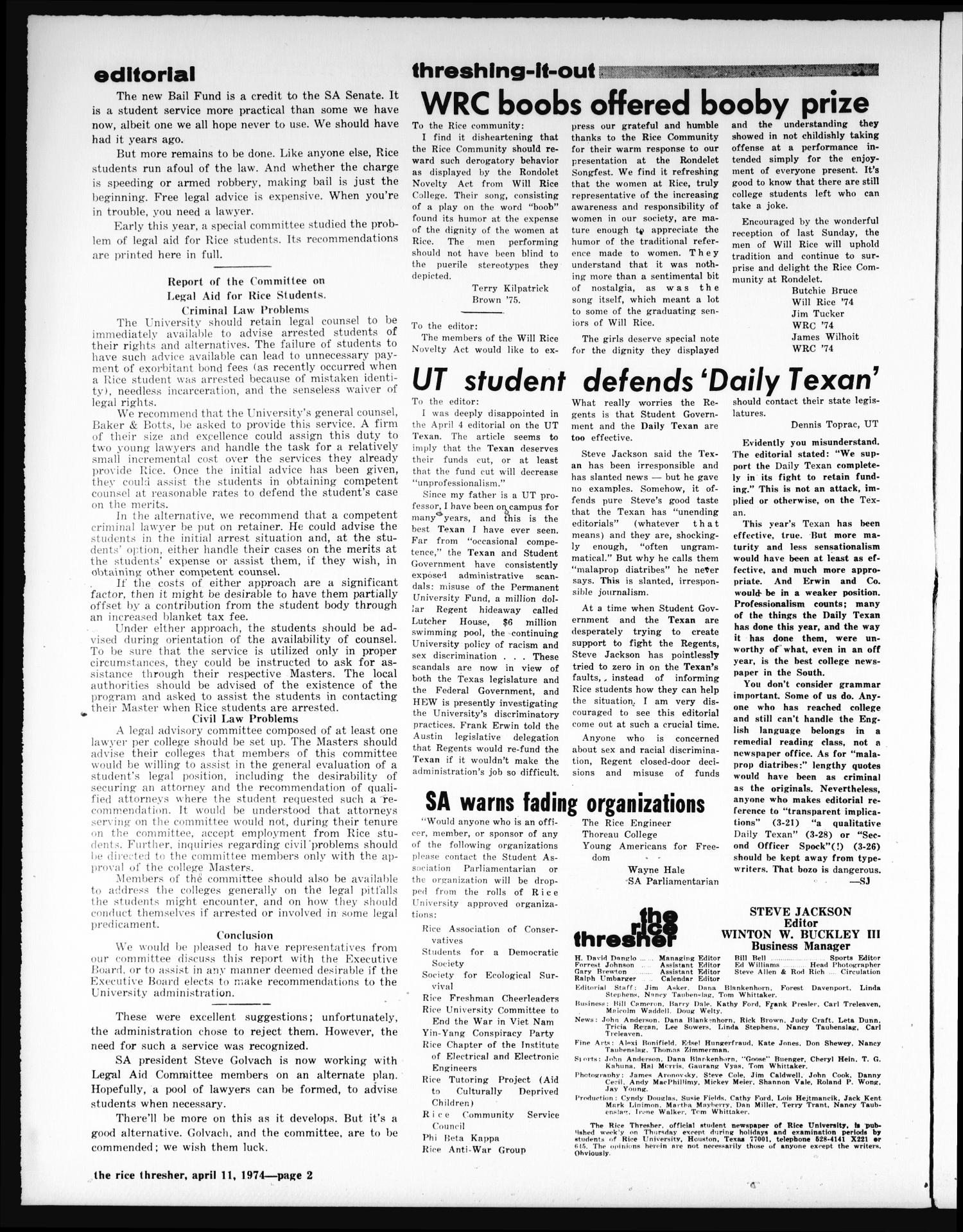The Rice Thresher (Houston, Tex.), Vol. 61, No. 28, Ed. 1 Thursday, April 11, 1974
                                                
                                                    [Sequence #]: 2 of 12
                                                