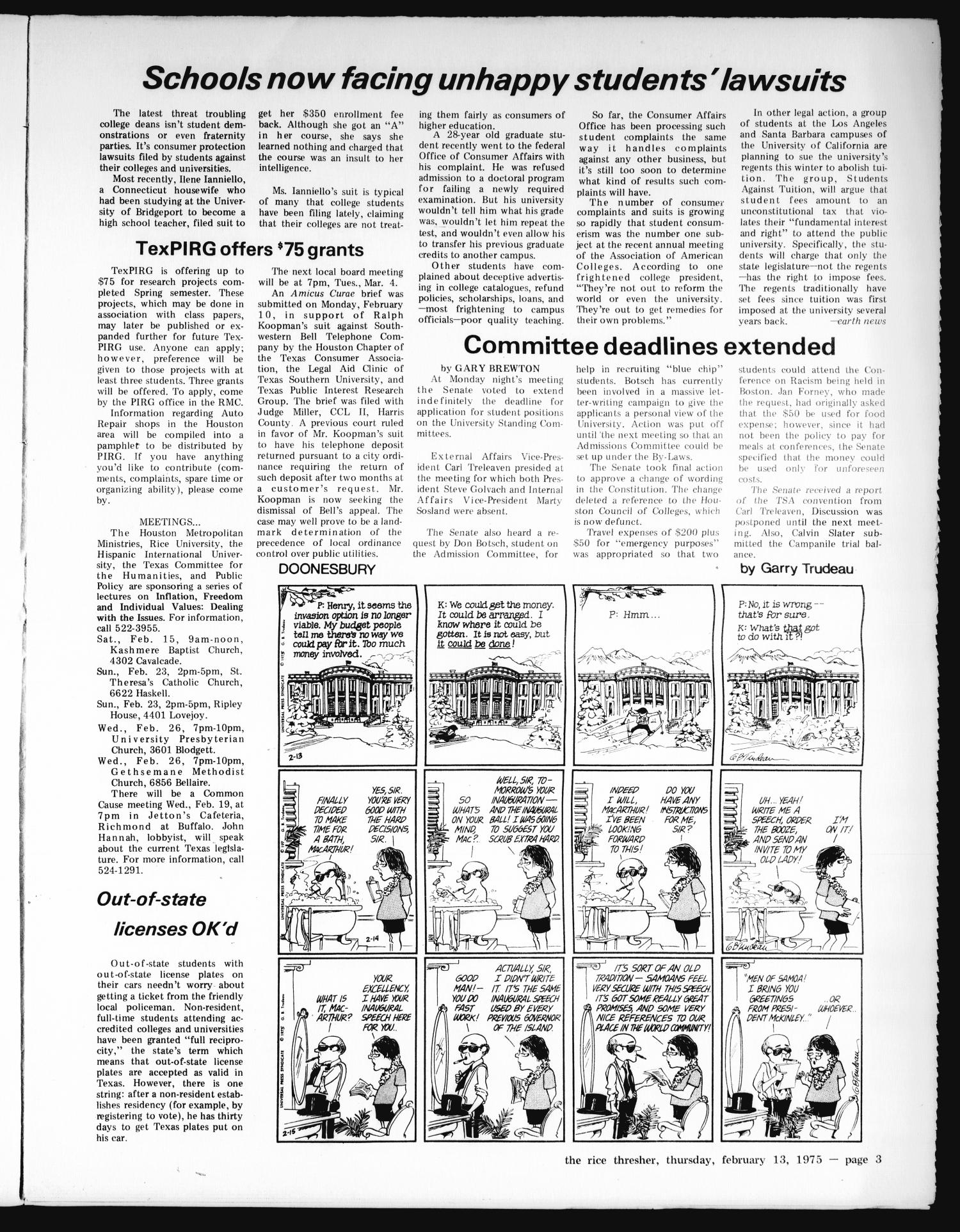 The Rice Thresher (Houston, Tex.), Vol. 62, No. 28, Ed. 1 Thursday, February 13, 1975
                                                
                                                    [Sequence #]: 3 of 16
                                                