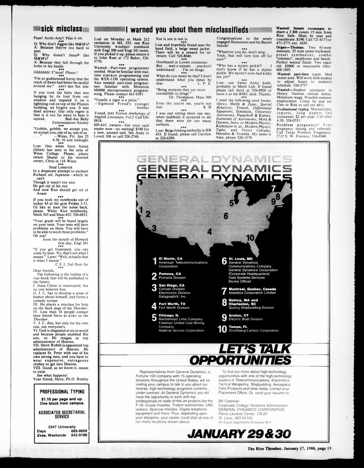 The Rice Thresher (Houston, Tex.), Vol. 67, No. 20, Ed. 1 Thursday, January 17, 1980
                                                
                                                    [Sequence #]: 19 of 20
                                                