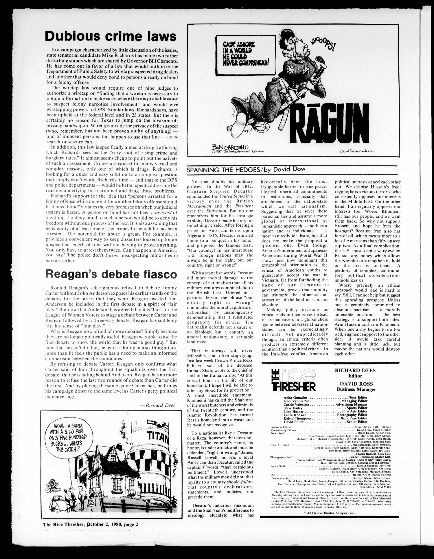 The Rice Thresher (Houston, Tex.), Vol. 68, No. 9, Ed. 1 Thursday, October 2, 1980
                                                
                                                    [Sequence #]: 2 of 16
                                                