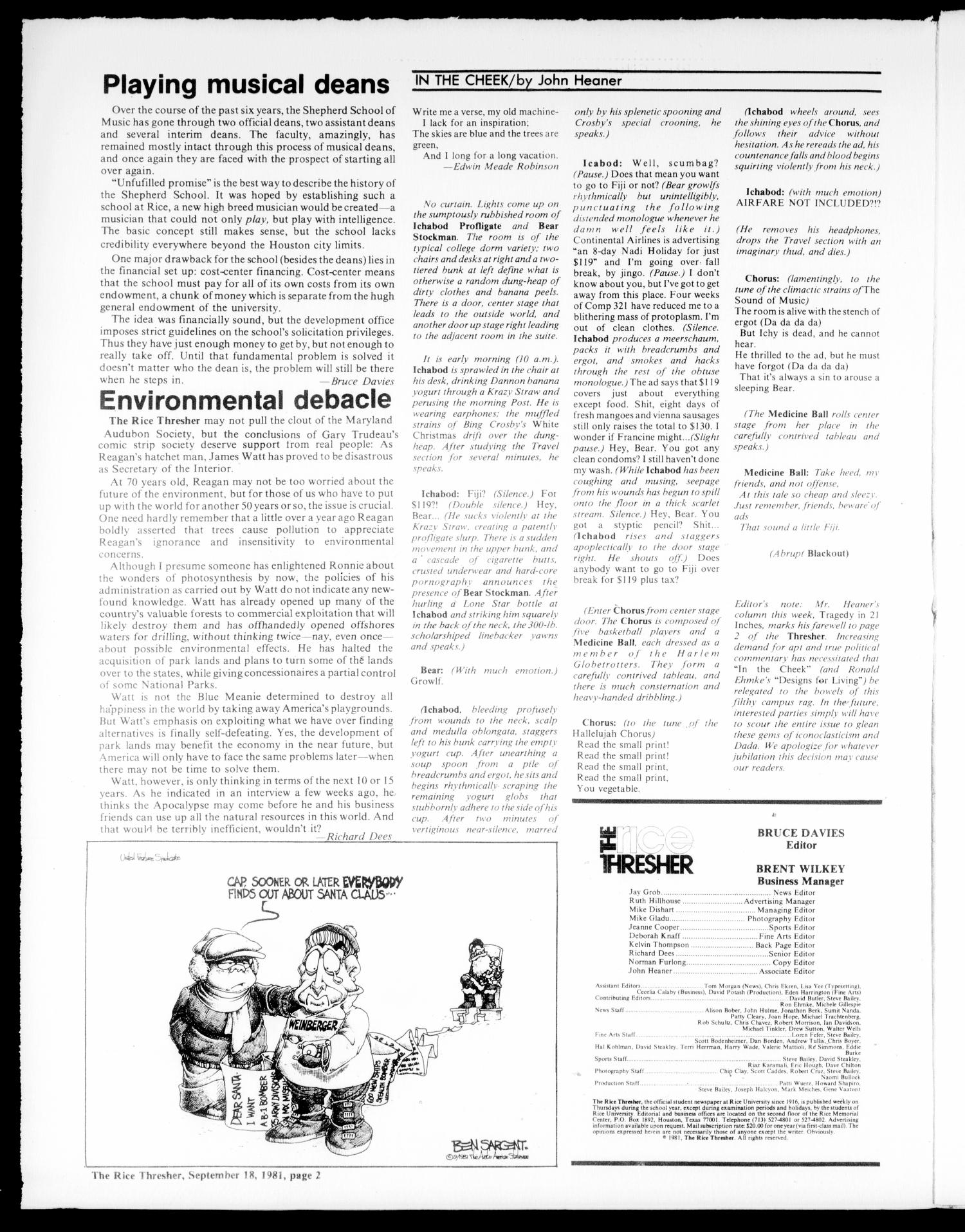 The Rice Thresher (Houston, Tex.), Vol. 69, No. 6, Ed. 1 Friday, September 18, 1981
                                                
                                                    [Sequence #]: 2 of 16
                                                