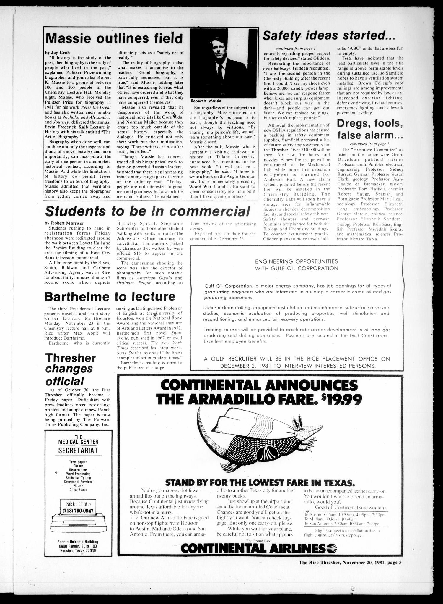 The Rice Thresher (Houston, Tex.), Vol. 69, No. 15, Ed. 1 Friday, November 20, 1981
                                                
                                                    [Sequence #]: 5 of 16
                                                