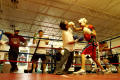 Photograph: [Two young men boxing in practice facility]