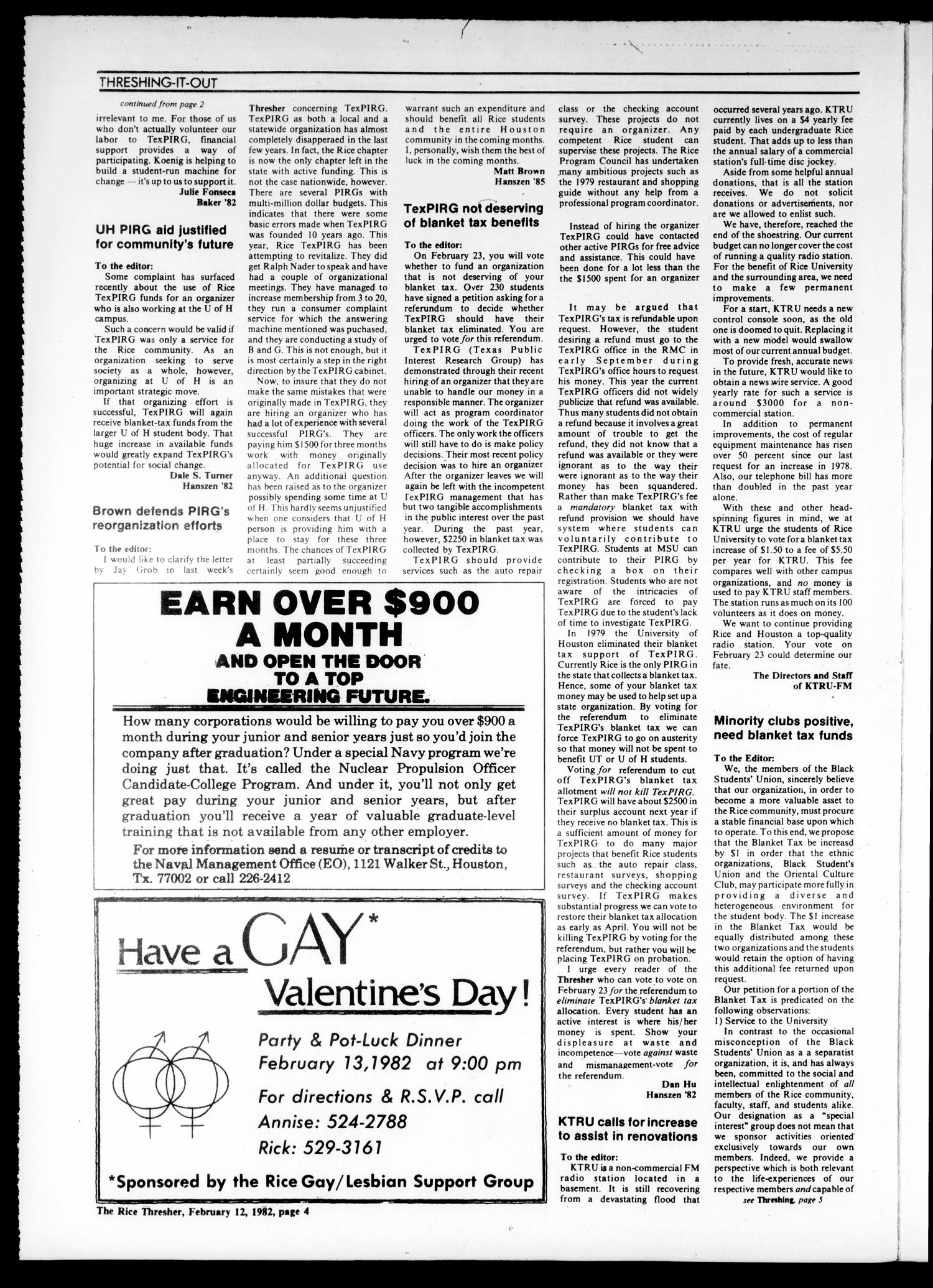 The Rice Thresher (Houston, Tex.), Vol. 69, No. 21, Ed. 1 Friday, February 12, 1982
                                                
                                                    [Sequence #]: 4 of 16
                                                