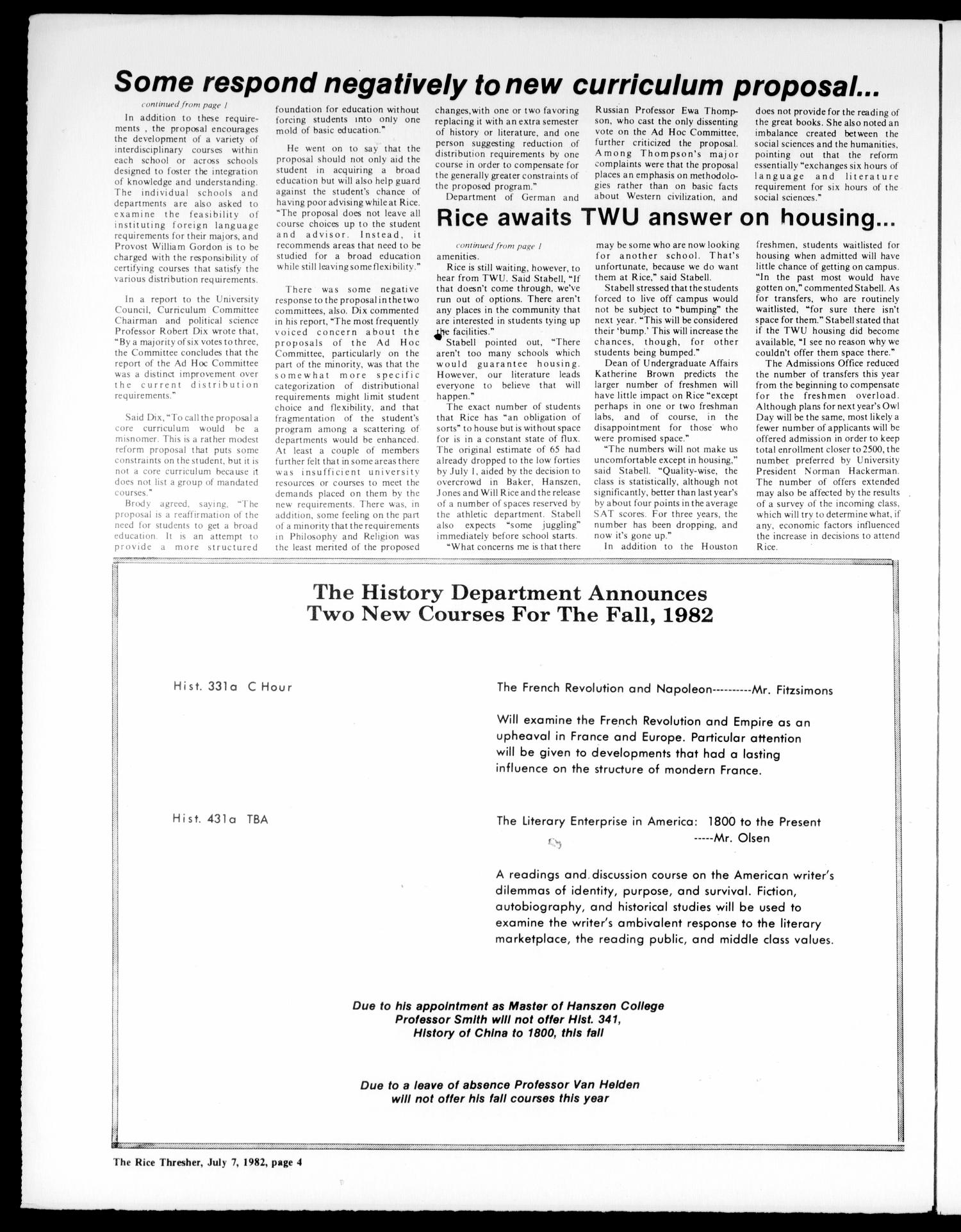The Rice Thresher (Houston, Tex.), Vol. 70, No. 1, Ed. 1 Wednesday, July 7, 1982
                                                
                                                    [Sequence #]: 4 of 12
                                                