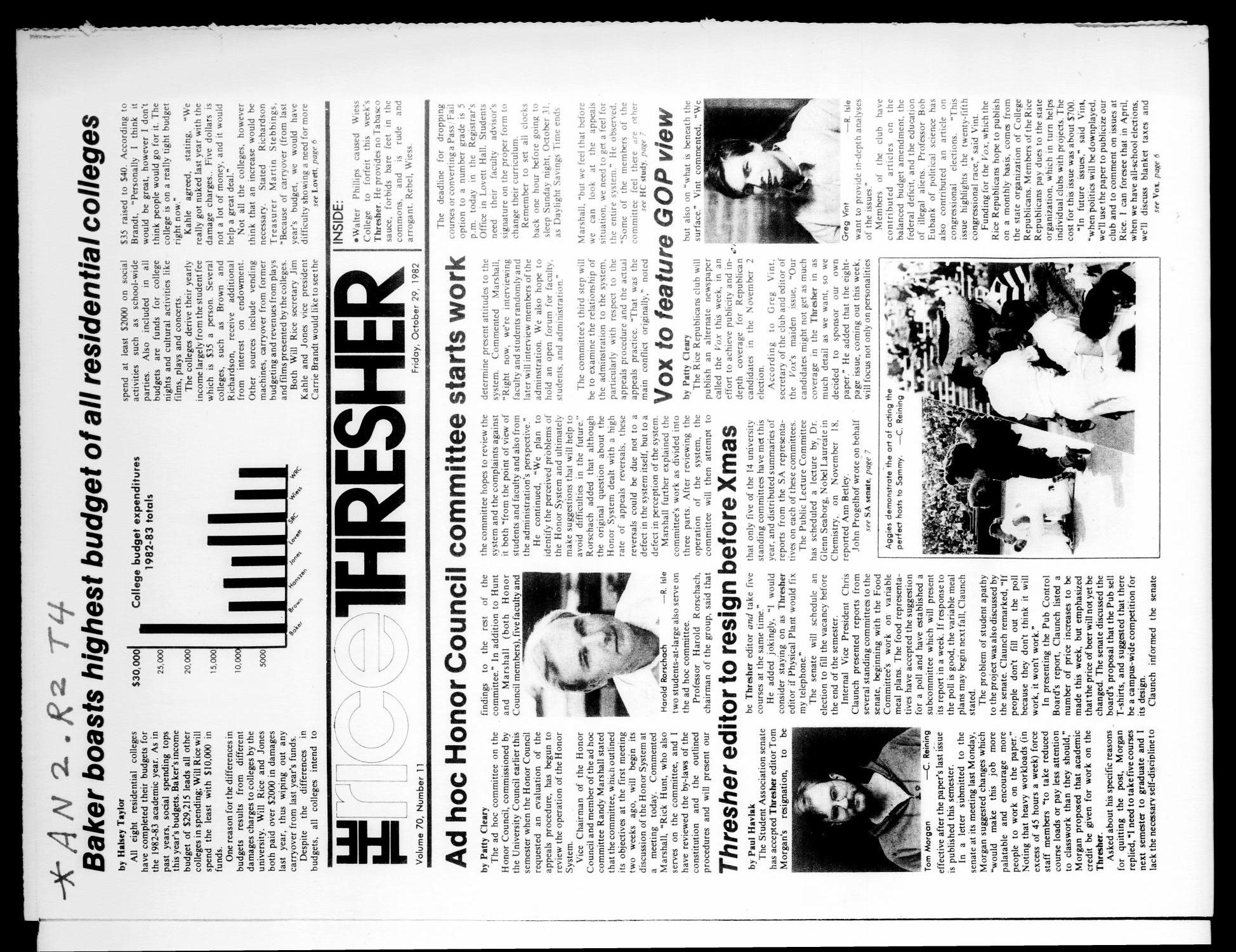 The Rice Thresher (Houston, Tex.), Vol. 70, No. 11, Ed. 1 Friday, October 29, 1982
                                                
                                                    [Sequence #]: 1 of 20
                                                