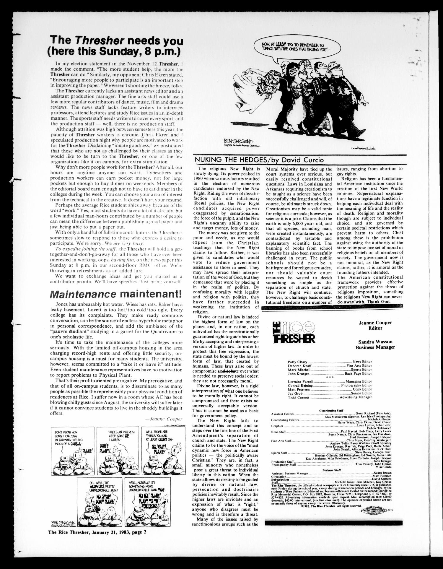 The Rice Thresher (Houston, Tex.), Vol. 70, No. 17, Ed. 1 Friday, January 21, 1983
                                                
                                                    [Sequence #]: 2 of 16
                                                