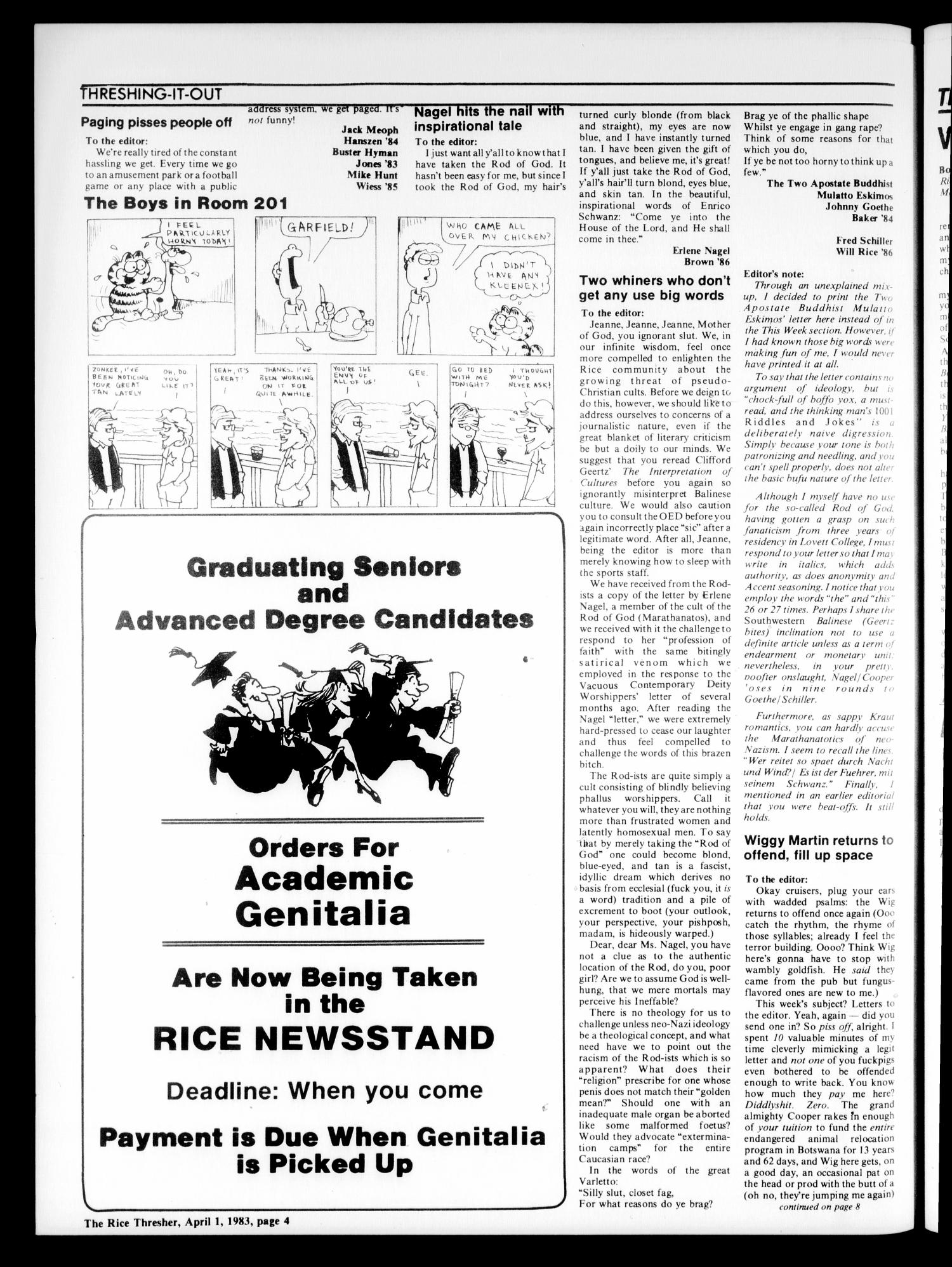 The Rice Thresher (Houston, Tex.), Vol. 70, No. 26, Ed. 1 Friday, April 1, 1983
                                                
                                                    [Sequence #]: 4 of 12
                                                