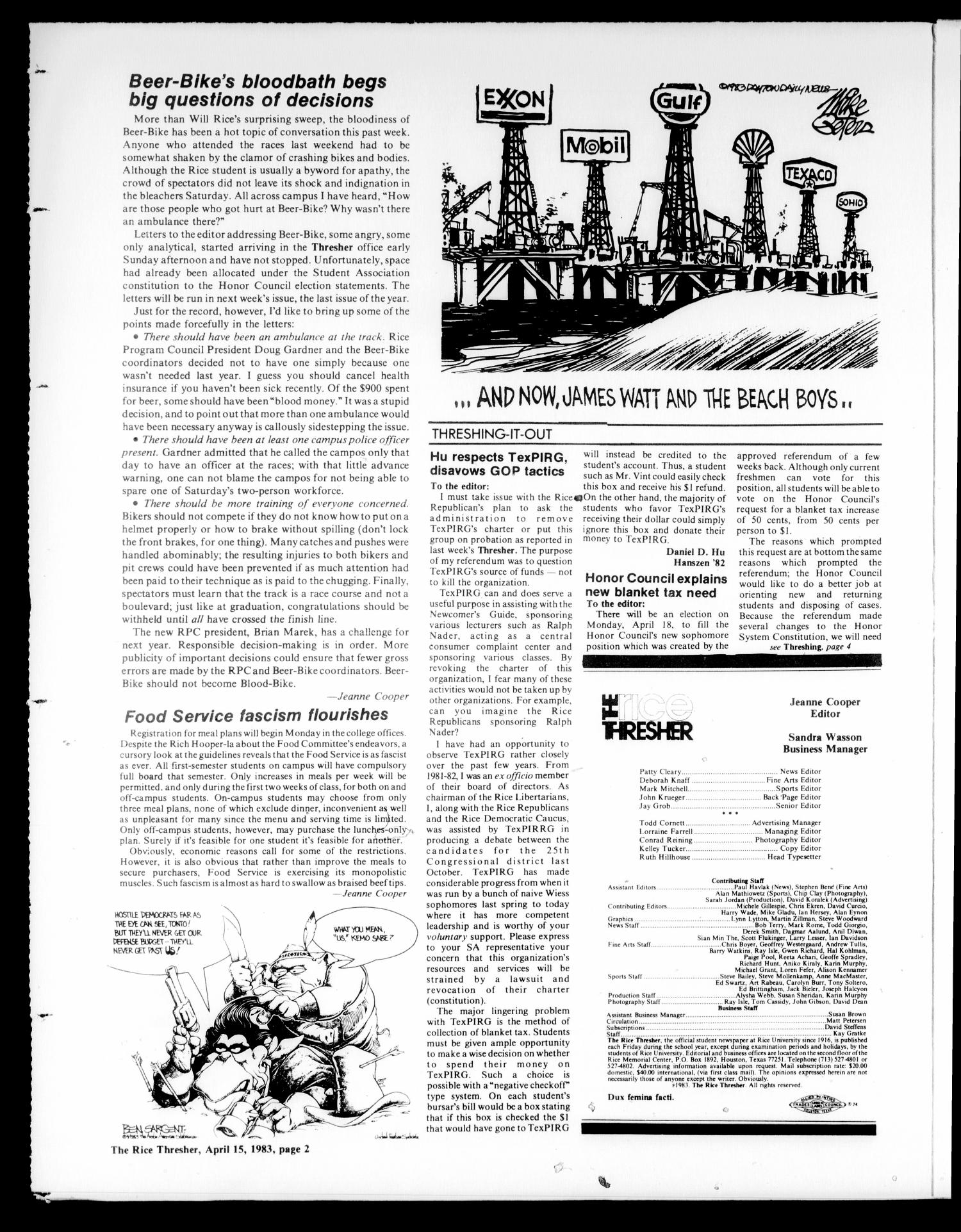 The Rice Thresher (Houston, Tex.), Vol. 70, No. 28, Ed. 1 Friday, April 15, 1983
                                                
                                                    [Sequence #]: 2 of 16
                                                