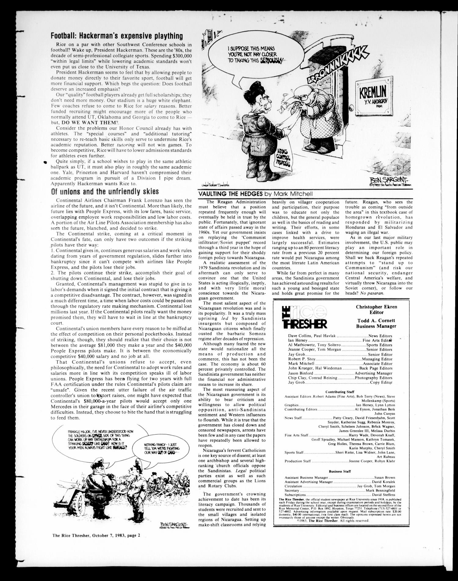 The Rice Thresher (Houston, Tex.), Vol. 71, No. 8, Ed. 1 Friday, October 7, 1983
                                                
                                                    [Sequence #]: 2 of 24
                                                