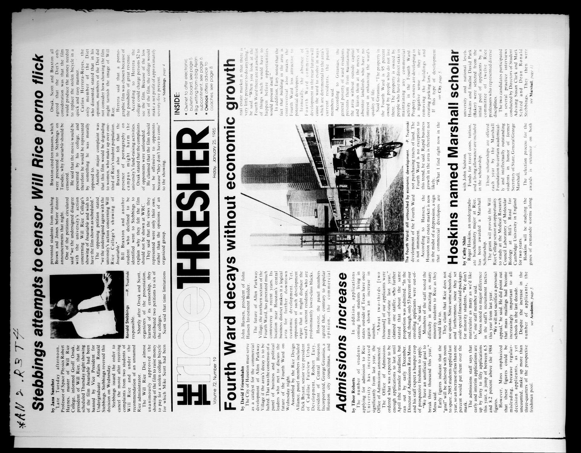 The Rice Thresher (Houston, Tex.), Vol. 72, No. 19, Ed. 1 Friday, January 25, 1985
                                                
                                                    [Sequence #]: 1 of 12
                                                