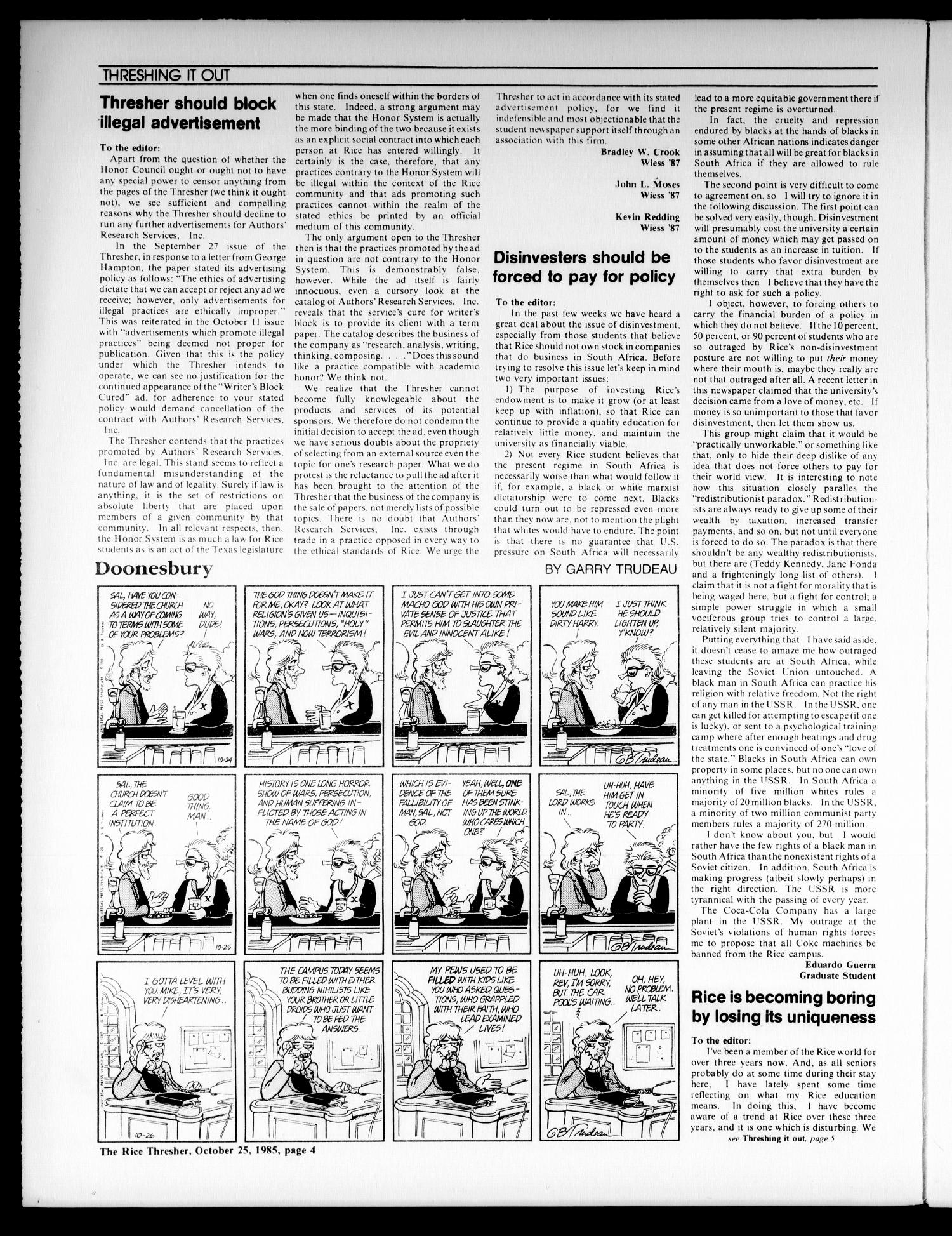 The Rice Thresher (Houston, Tex.), Vol. 73, No. 12, Ed. 1 Friday, October 25, 1985
                                                
                                                    [Sequence #]: 4 of 32
                                                