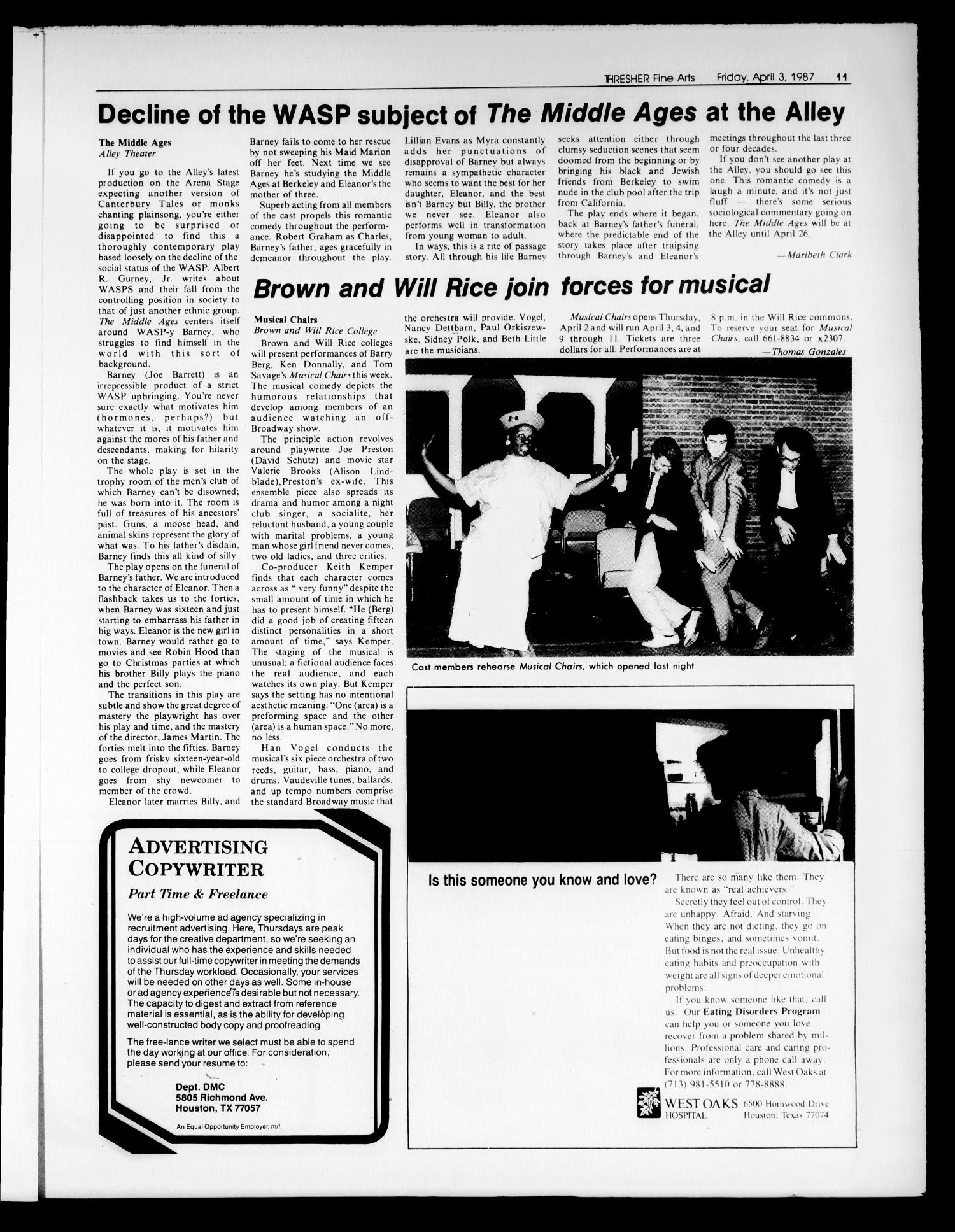 The Rice Thresher (Houston, Tex.), Vol. 74, No. 26, Ed. 1 Friday, April 3, 1987
                                                
                                                    [Sequence #]: 15 of 24
                                                