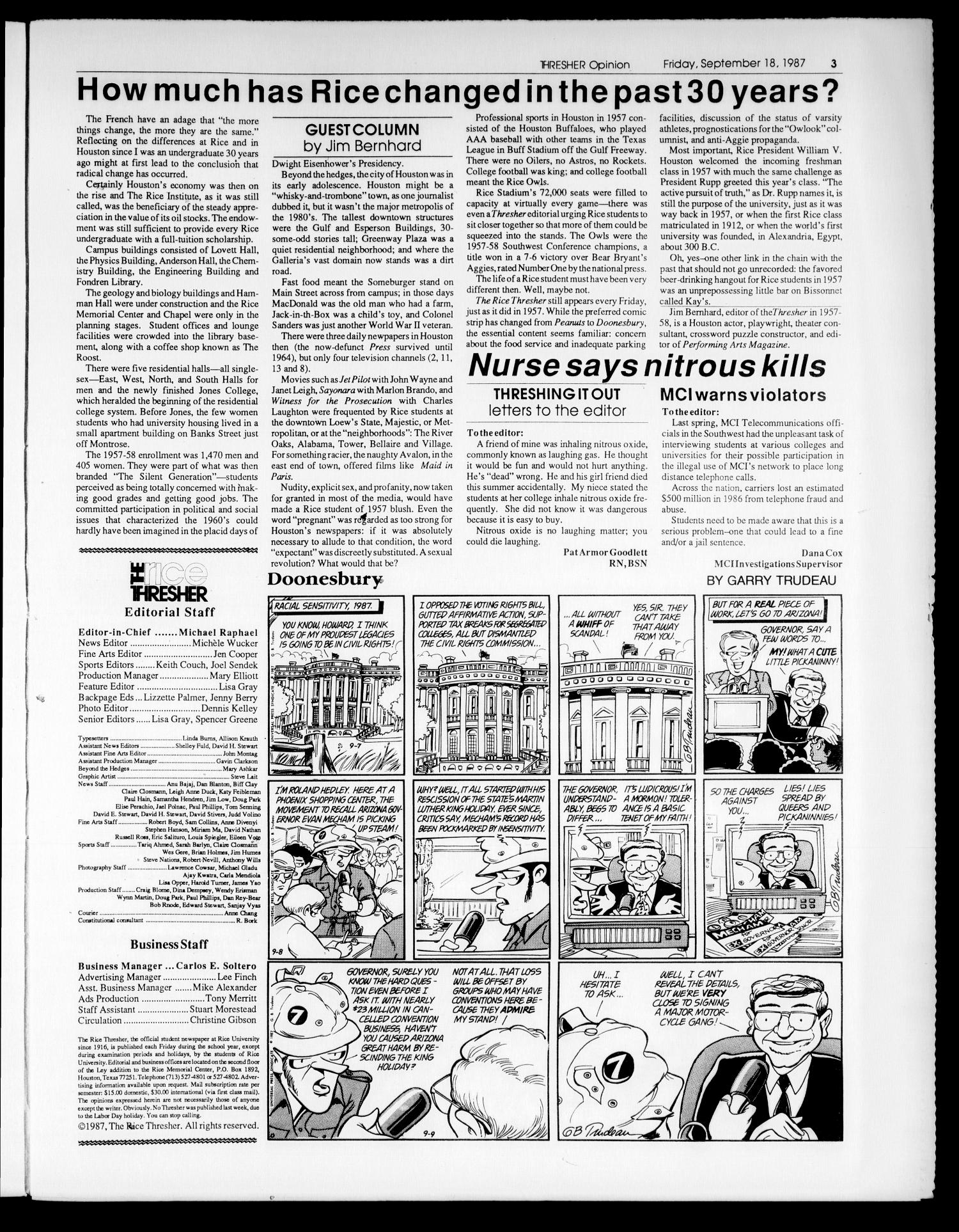The Rice Thresher (Houston, Tex.), Vol. 75, No. 5, Ed. 1 Friday, September 18, 1987
                                                
                                                    [Sequence #]: 3 of 24
                                                