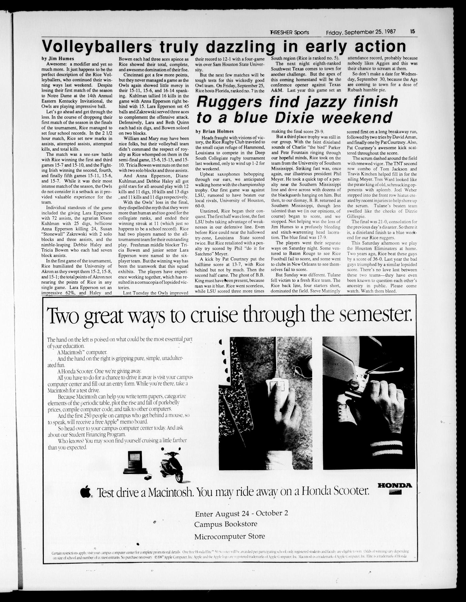 The Rice Thresher (Houston, Tex.), Vol. 75, No. 6, Ed. 1 Friday, September 25, 1987
                                                
                                                    [Sequence #]: 19 of 24
                                                
