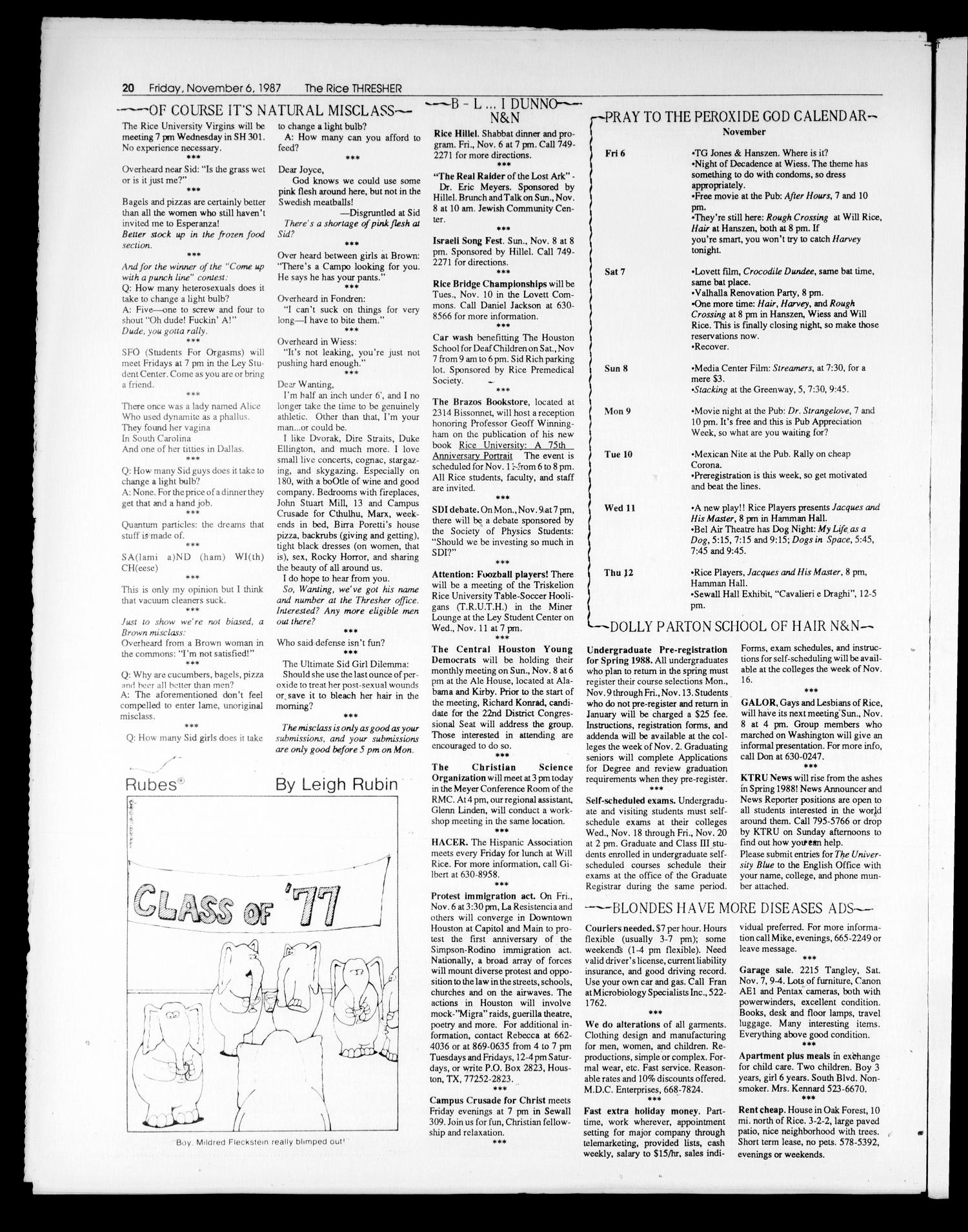 The Rice Thresher (Houston, Tex.), Vol. 75, No. 11, Ed. 1 Friday, November 6, 1987
                                                
                                                    [Sequence #]: 20 of 20
                                                