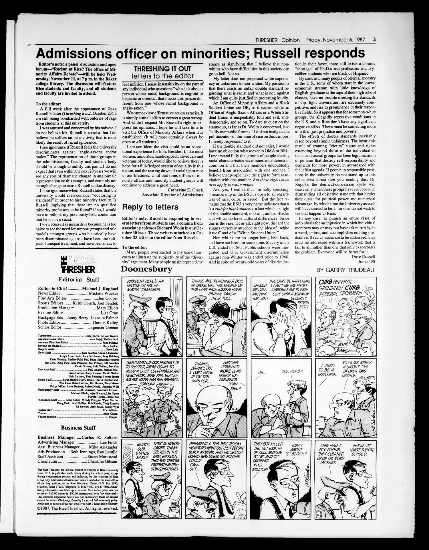 The Rice Thresher (Houston, Tex.), Vol. 75, No. 11, Ed. 1 Friday, November 6, 1987
                                                
                                                    [Sequence #]: 3 of 20
                                                