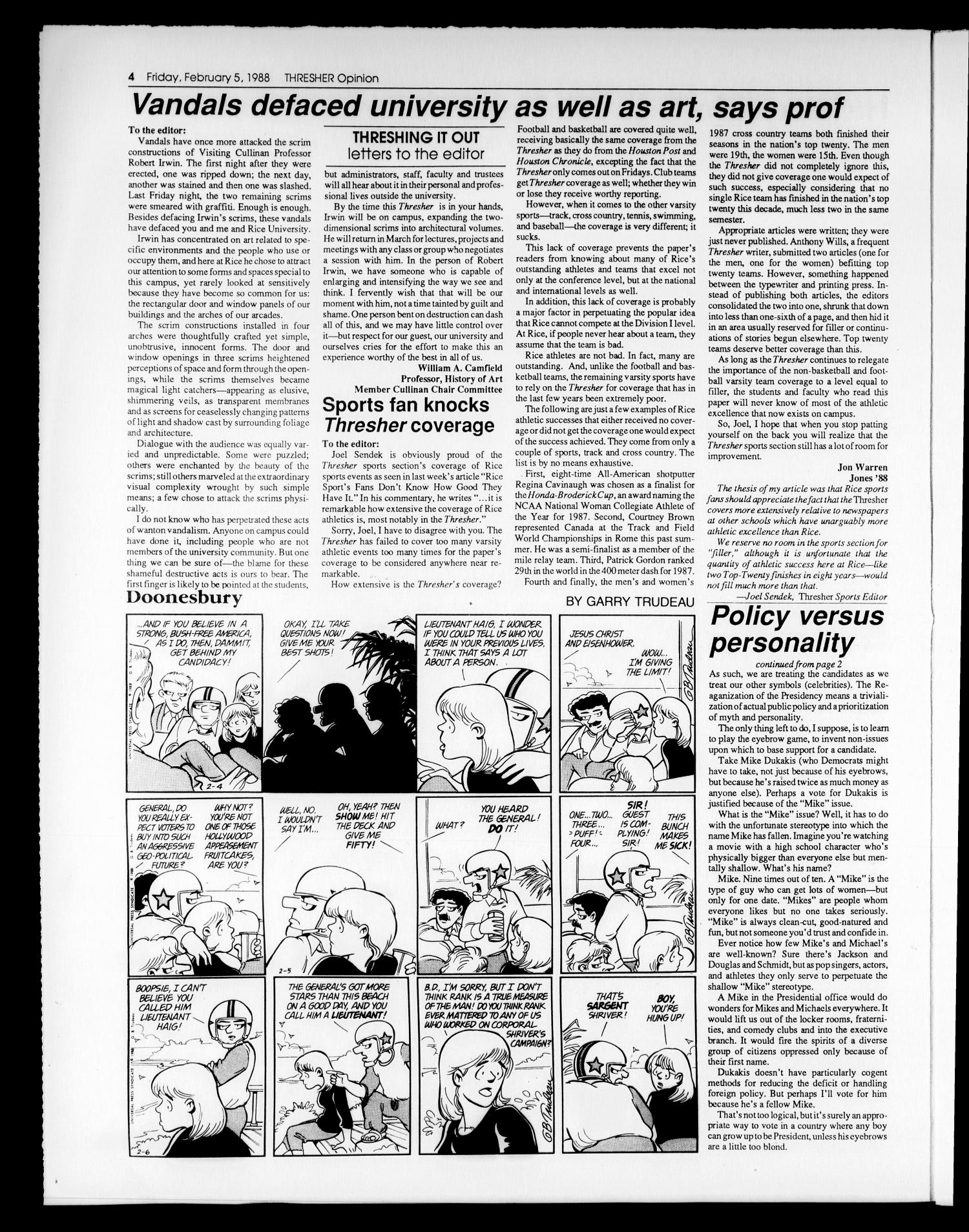 The Rice Thresher (Houston, Tex.), Vol. 75, No. 18, Ed. 1 Friday, February 5, 1988
                                                
                                                    [Sequence #]: 4 of 20
                                                