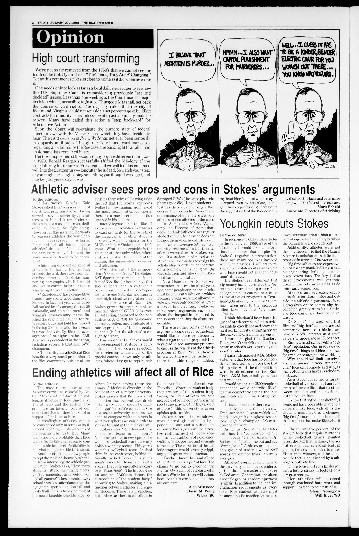The Rice Thresher (Houston, Tex.), Vol. 76, No. 15, Ed. 1 Friday, January 27, 1989
                                                
                                                    [Sequence #]: 2 of 16
                                                
