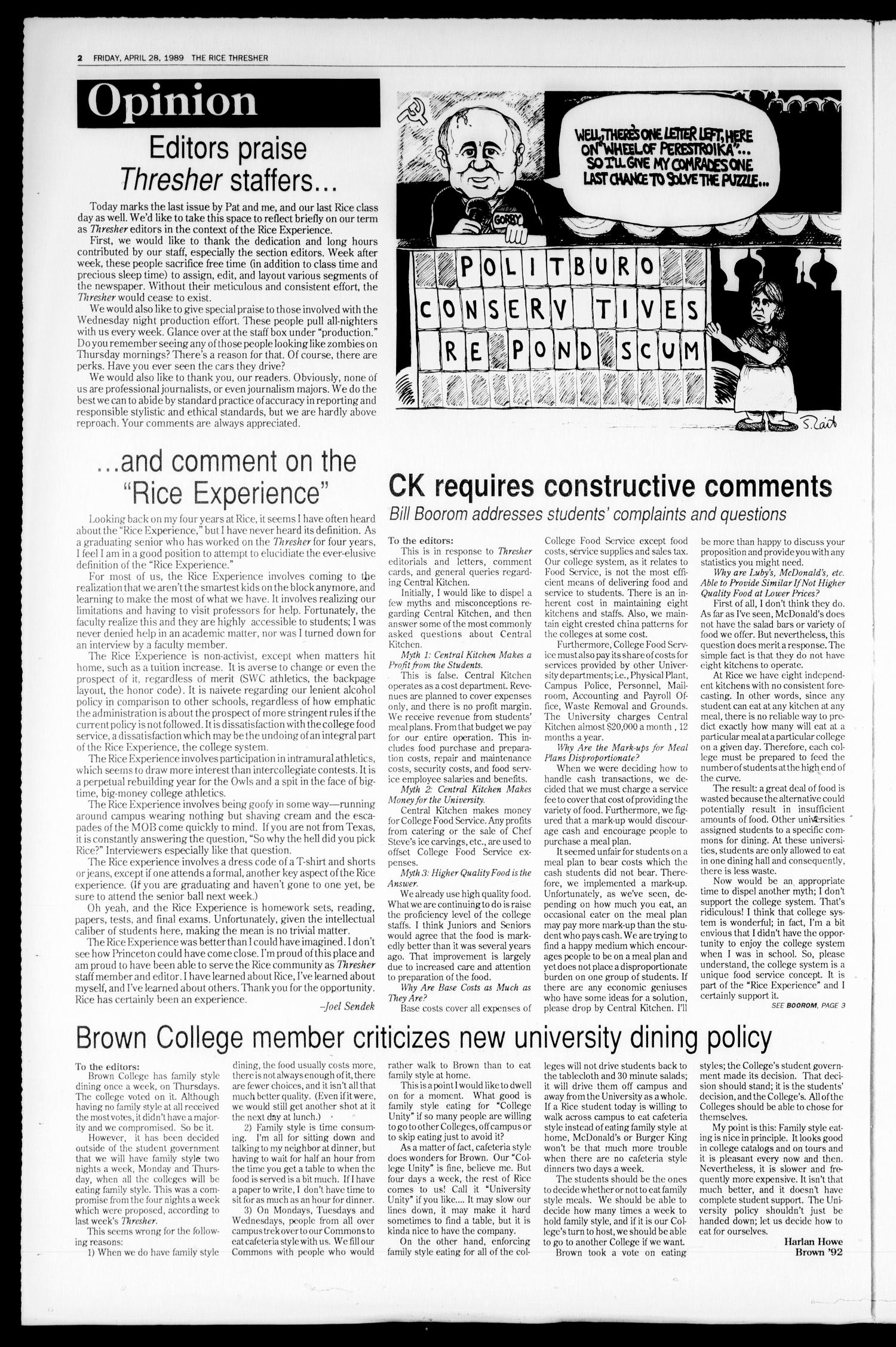 The Rice Thresher (Houston, Tex.), Vol. 76, No. 26, Ed. 1 Friday, April 28, 1989
                                                
                                                    [Sequence #]: 2 of 16
                                                