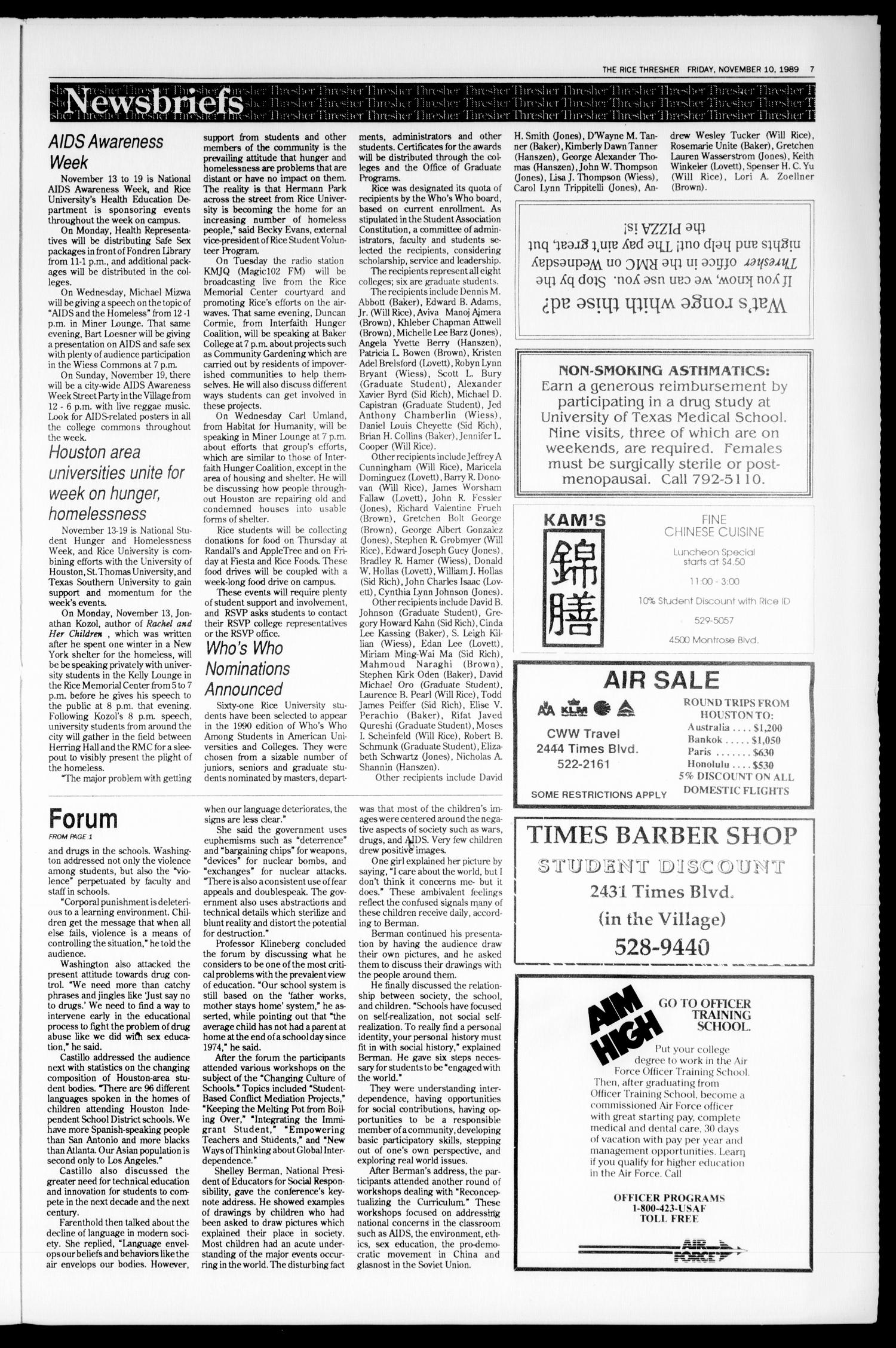 The Rice Thresher (Houston, Tex.), Vol. 77, No. 11, Ed. 1 Friday, November 10, 1989
                                                
                                                    [Sequence #]: 7 of 16
                                                