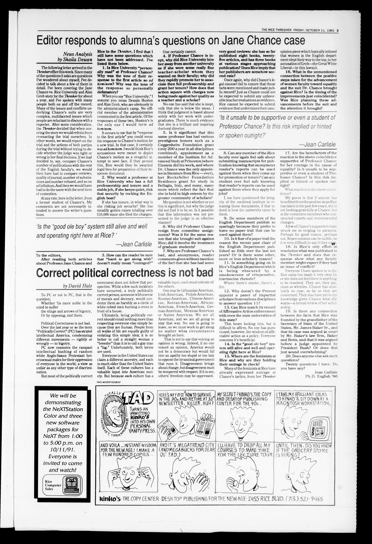 The Rice Thresher (Houston, Tex.), Vol. 79, No. 8, Ed. 1 Friday, October 11, 1991
                                                
                                                    [Sequence #]: 3 of 16
                                                