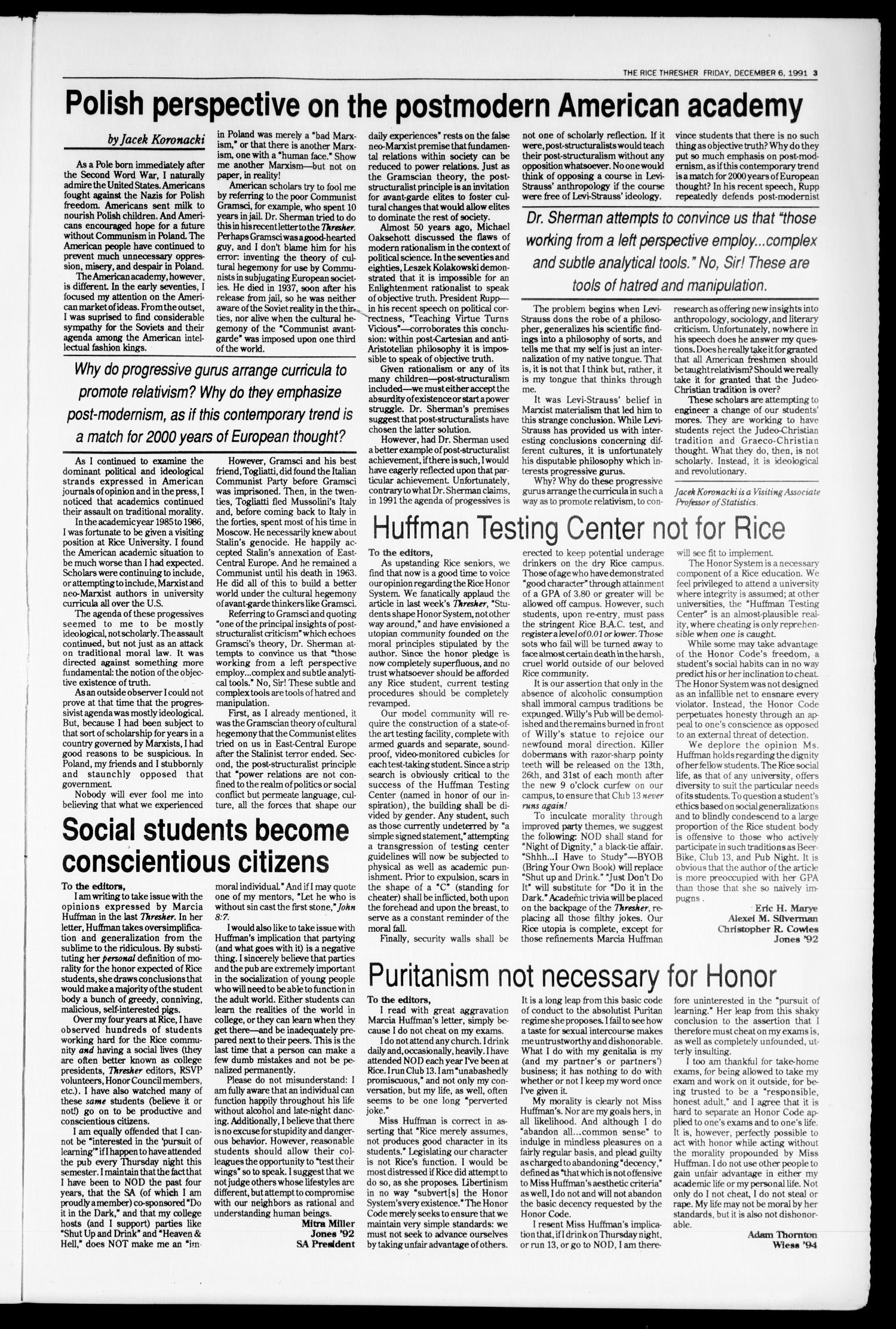 The Rice Thresher (Houston, Tex.), Vol. 79, No. 14, Ed. 1 Friday, December 6, 1991
                                                
                                                    [Sequence #]: 3 of 20
                                                