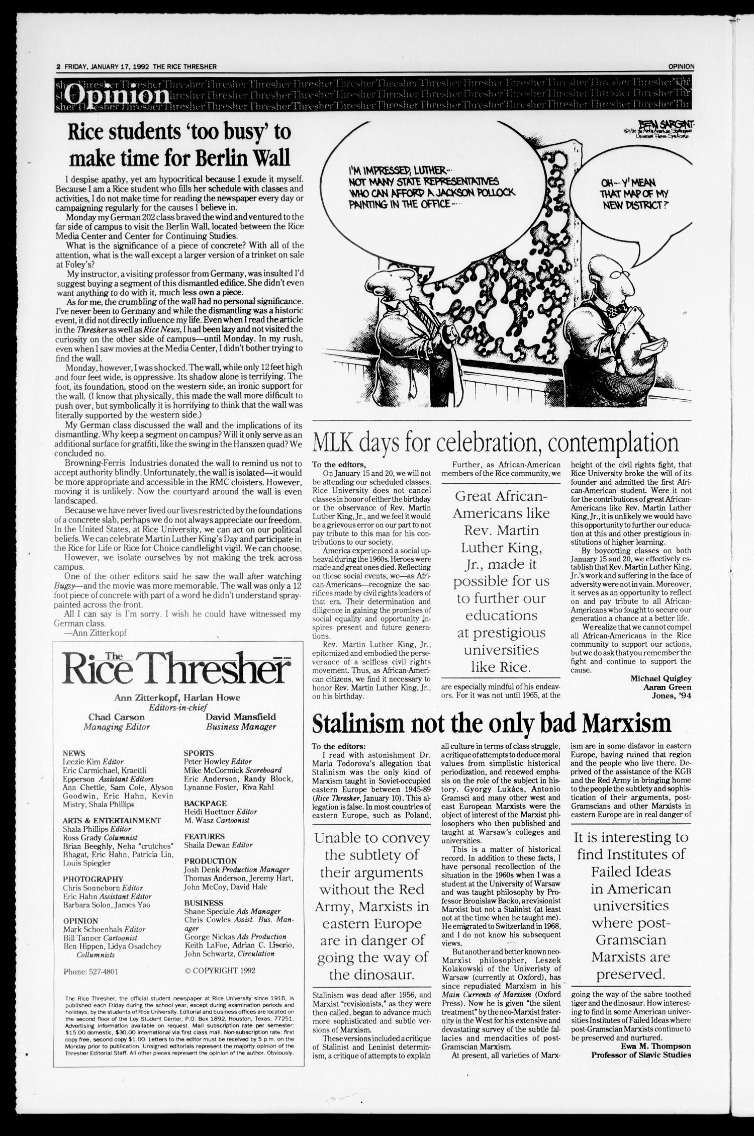 The Rice Thresher (Houston, Tex.), Vol. 79, No. 16, Ed. 1 Friday, January 17, 1992
                                                
                                                    [Sequence #]: 2 of 16
                                                
