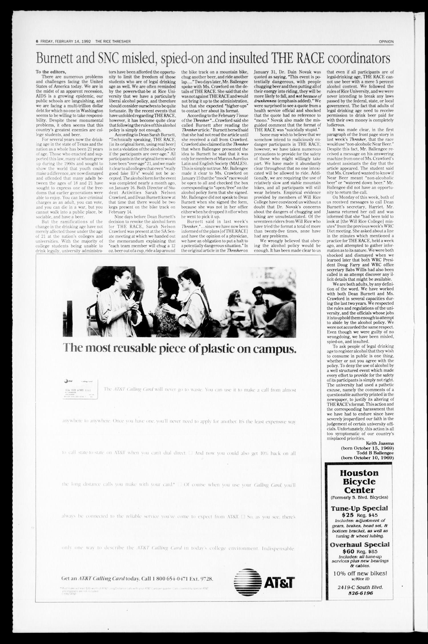 The Rice Thresher (Houston, Tex.), Vol. 79, No. 20, Ed. 1 Friday, February 14, 1992
                                                
                                                    [Sequence #]: 6 of 24
                                                