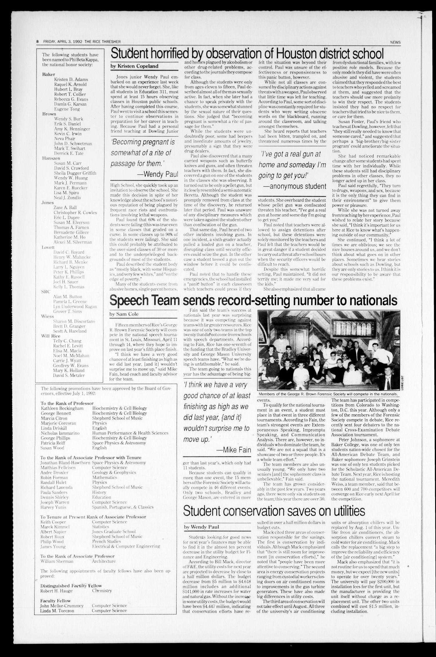 The Rice Thresher (Houston, Tex.), Vol. 79, No. 26, Ed. 1 Friday, April 3, 1992
                                                
                                                    [Sequence #]: 8 of 24
                                                