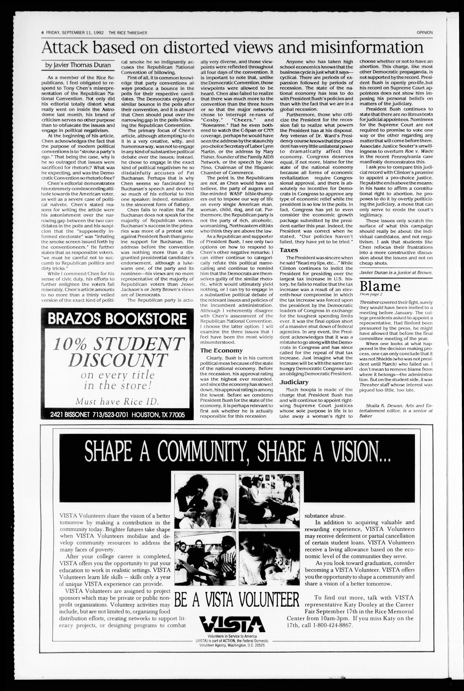 The Rice Thresher (Houston, Tex.), Vol. 80, No. 4, Ed. 1 Friday, September 11, 1992
                                                
                                                    [Sequence #]: 4 of 16
                                                