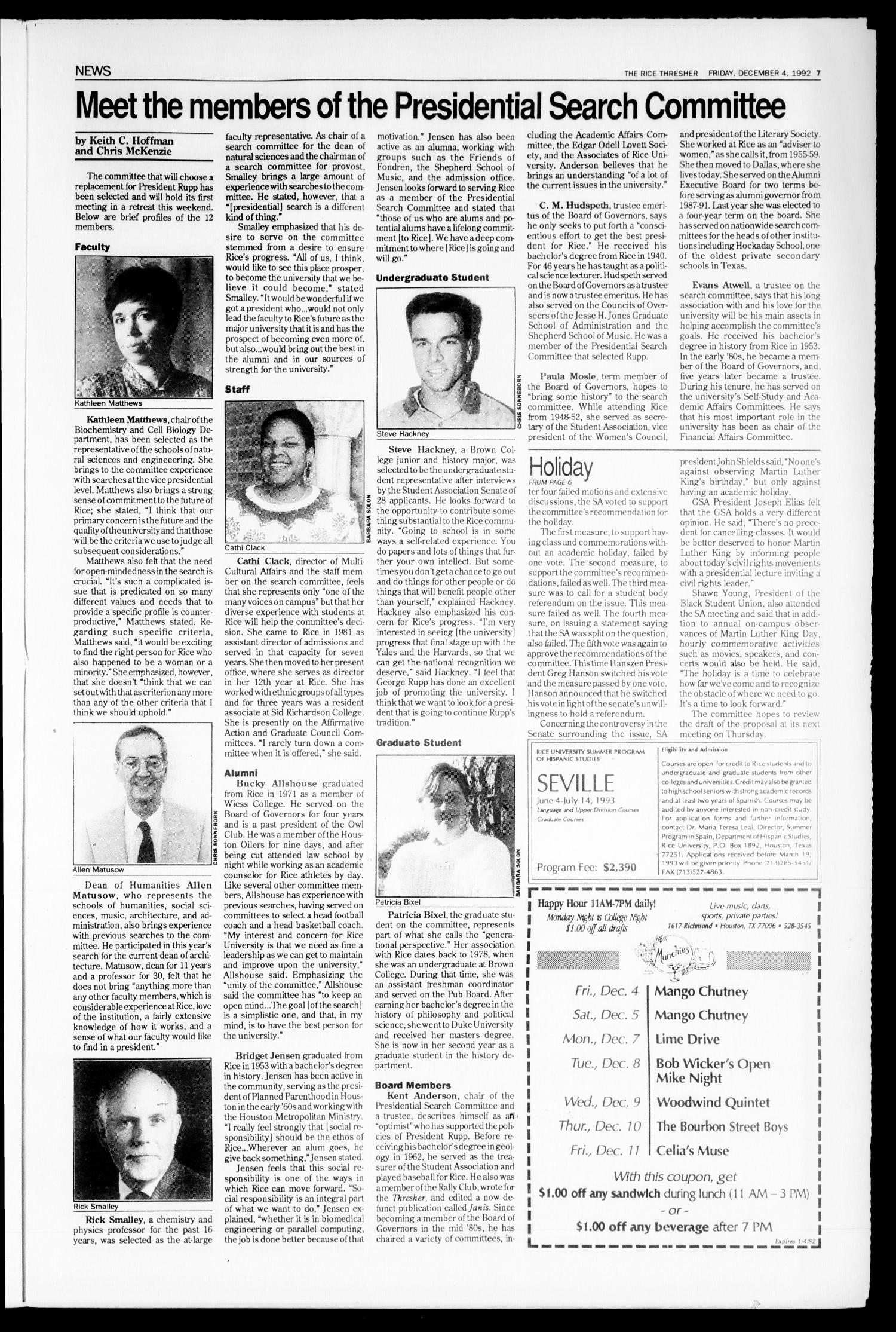 The Rice Thresher (Houston, Tex.), Vol. 80, No. 14, Ed. 1 Friday, December 4, 1992
                                                
                                                    [Sequence #]: 7 of 20
                                                