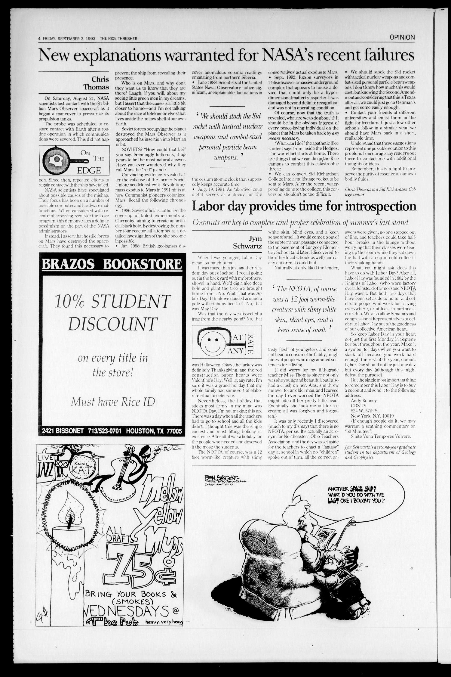 The Rice Thresher (Houston, Tex.), Vol. 81, No. 3, Ed. 1 Friday, September 3, 1993
                                                
                                                    [Sequence #]: 4 of 16
                                                