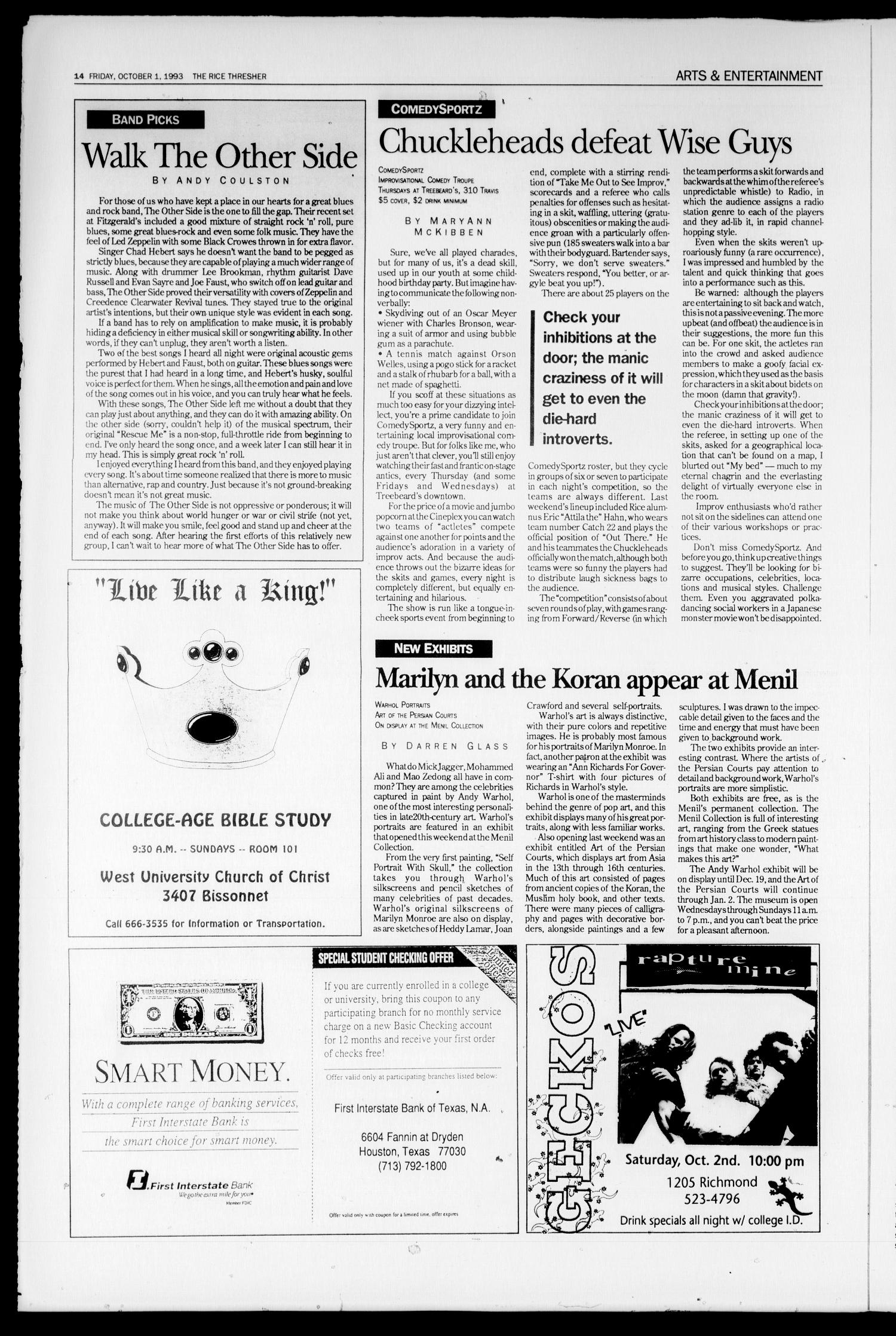 The Rice Thresher (Houston, Tex.), Vol. 81, No. 7, Ed. 1 Friday, October 1, 1993
                                                
                                                    [Sequence #]: 14 of 24
                                                