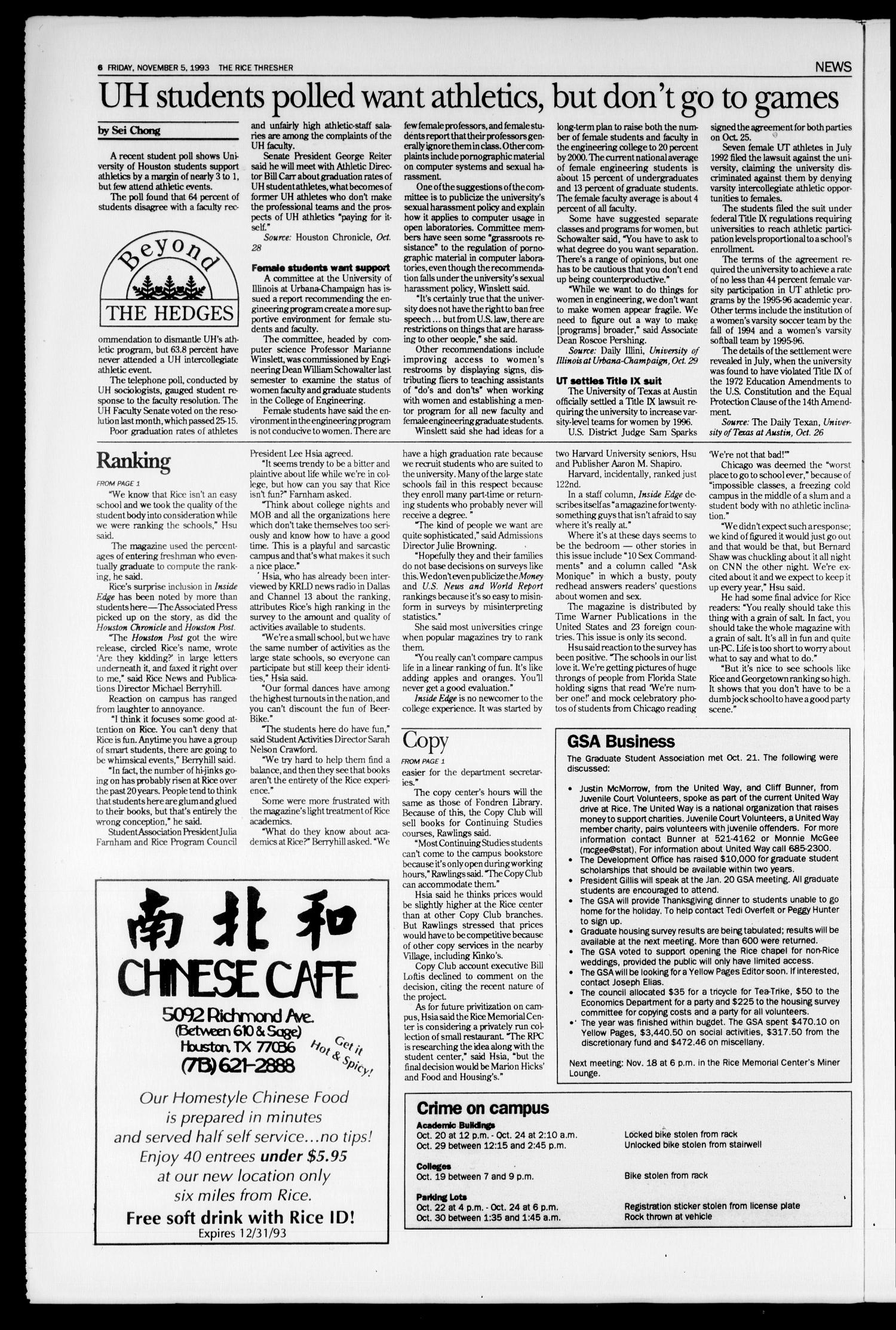 The Rice Thresher (Houston, Tex.), Vol. 81, No. 11, Ed. 1 Friday, November 5, 1993
                                                
                                                    [Sequence #]: 6 of 20
                                                