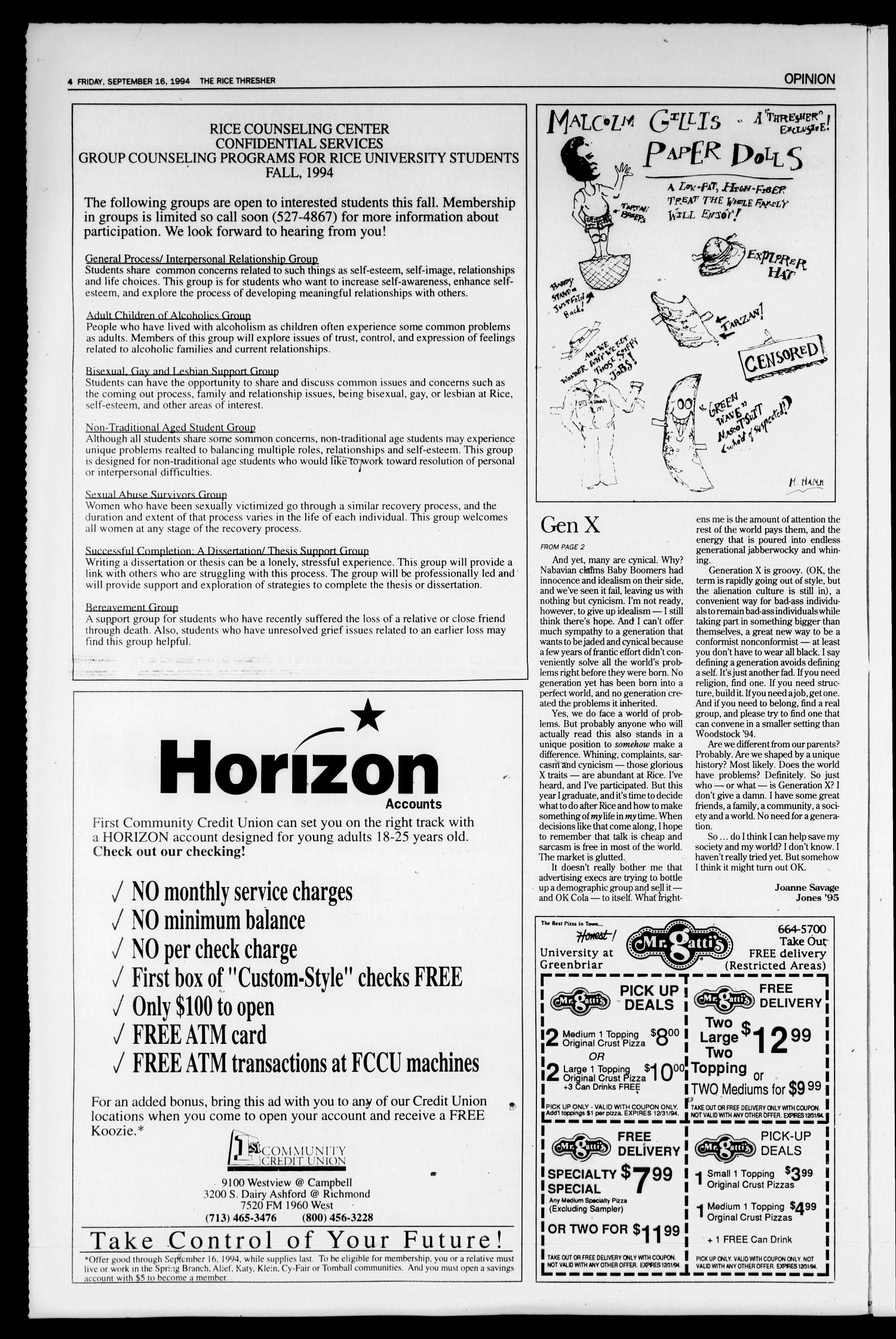 The Rice Thresher (Houston, Tex.), Vol. 82, No. 4, Ed. 1 Friday, September 16, 1994
                                                
                                                    [Sequence #]: 4 of 28
                                                