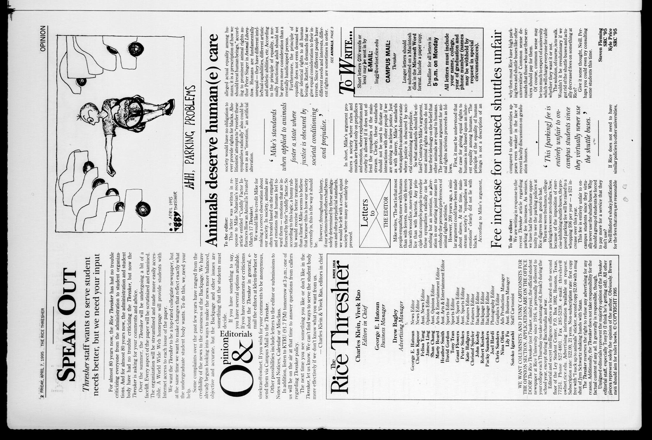 The Rice Thresher (Houston, Tex.), Vol. 82, No. 25, Ed. 1 Friday, April 7, 1995
                                                
                                                    [Sequence #]: 2 of 20
                                                