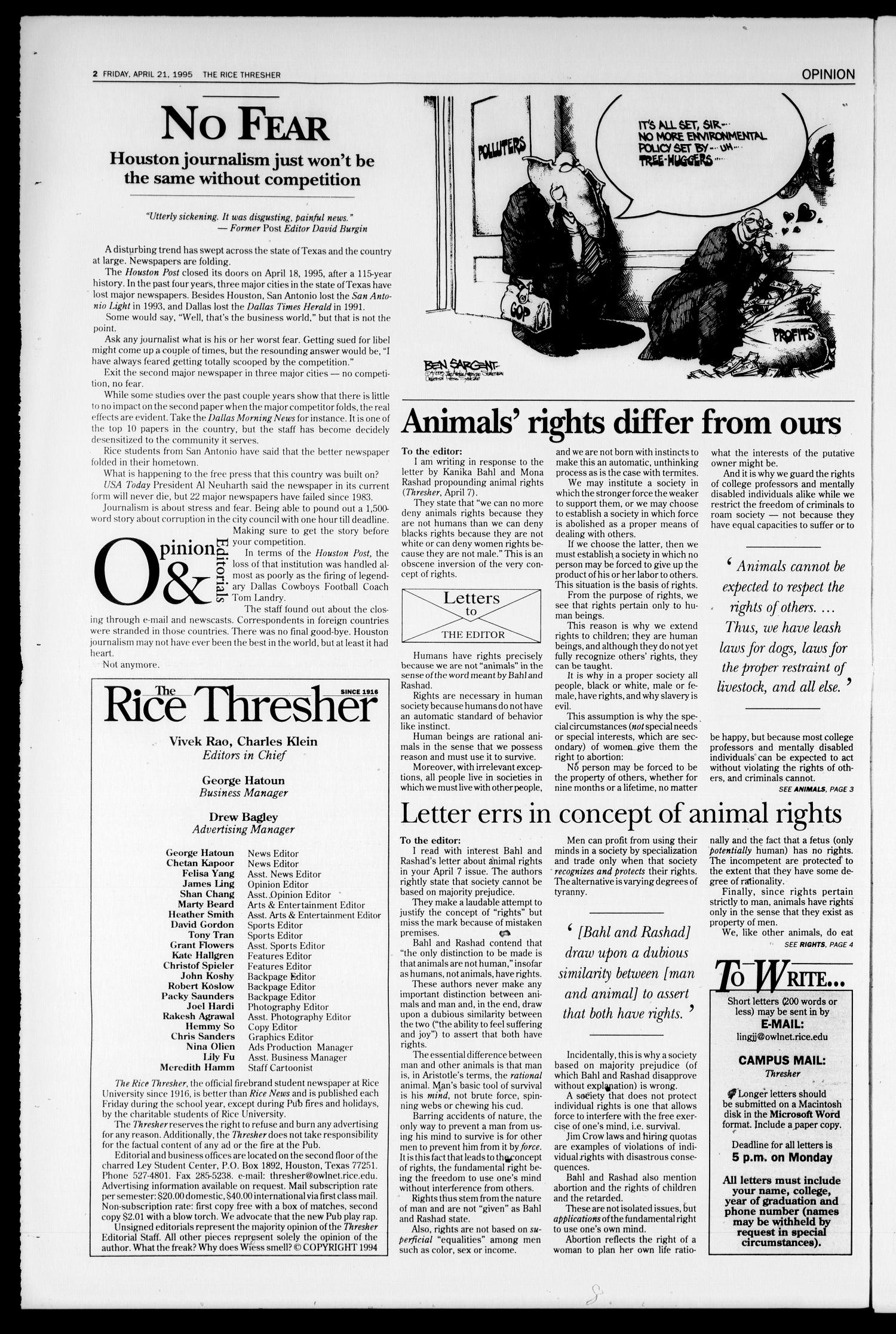 The Rice Thresher (Houston, Tex.), Vol. 82, No. 26, Ed. 1 Friday, April 21, 1995
                                                
                                                    [Sequence #]: 2 of 20
                                                